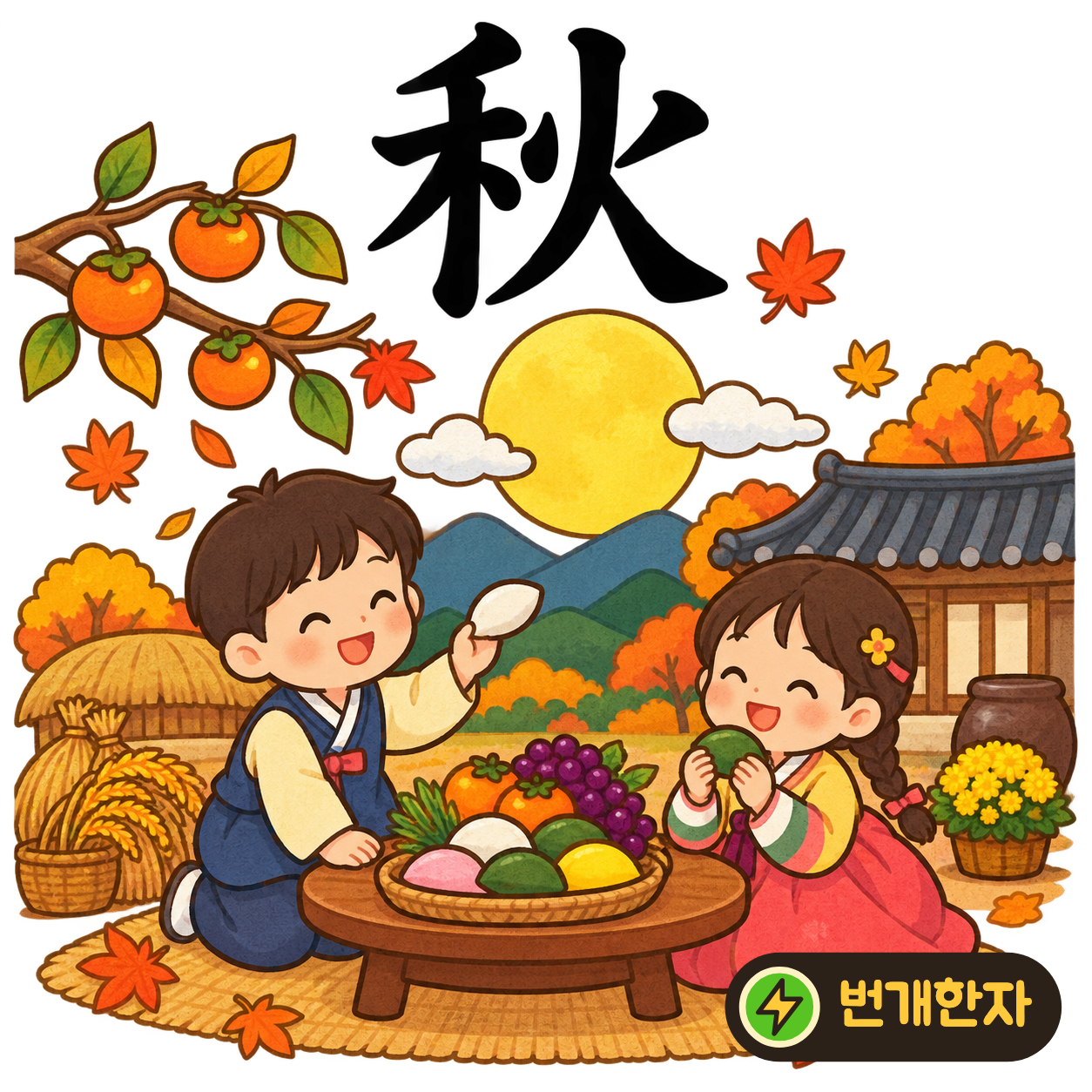 秋: 곡식 禾 옆에 불 火가 있어요. 가을 들판이 불빛처럼 붉고 노랗게 익는 모습을 상상해요. (기억 그림)