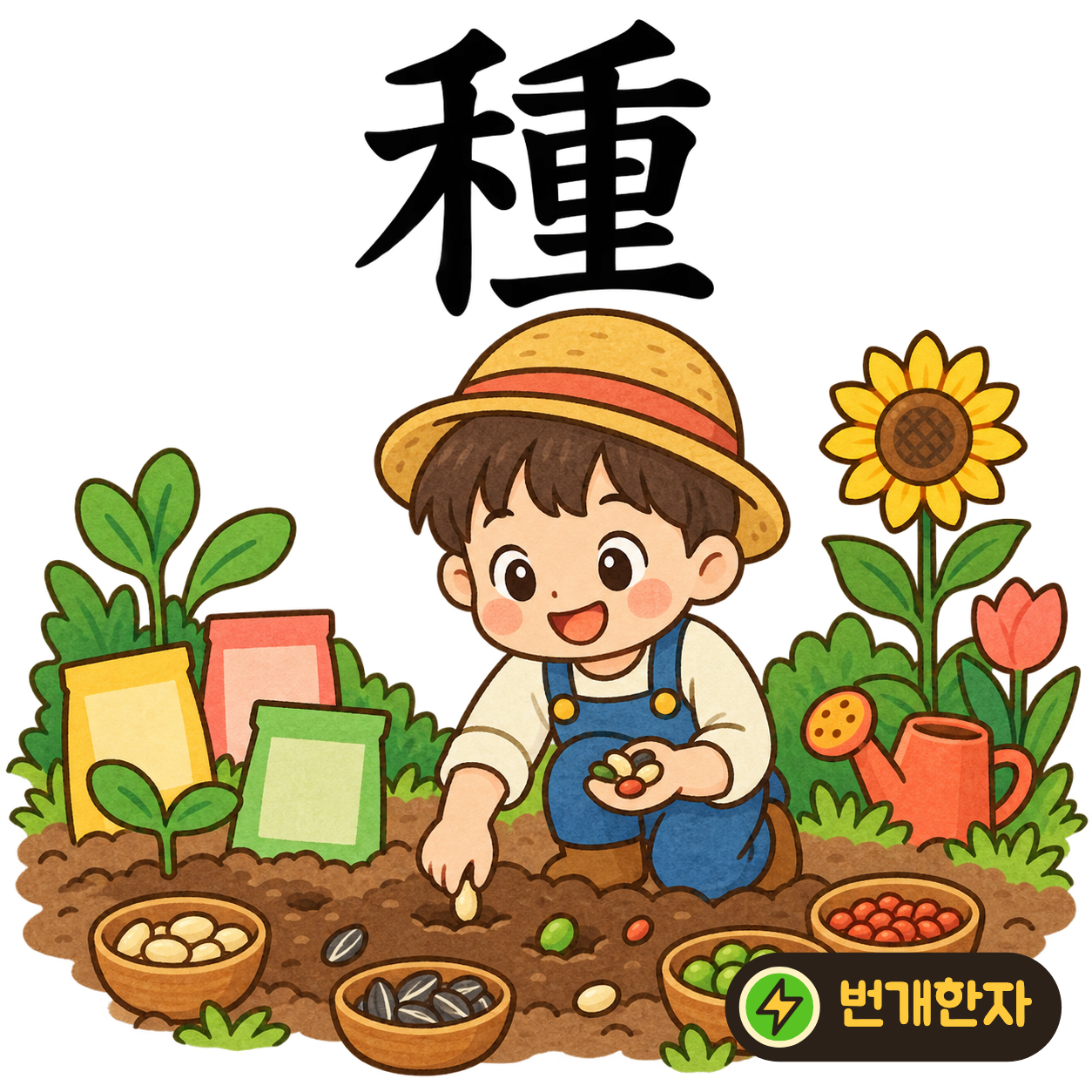 種: 곡식 禾 옆에 무거울 重이 있어요. 묵직한 곡식 자루에서 씨앗을 꺼내 심어요. (기억 그림)