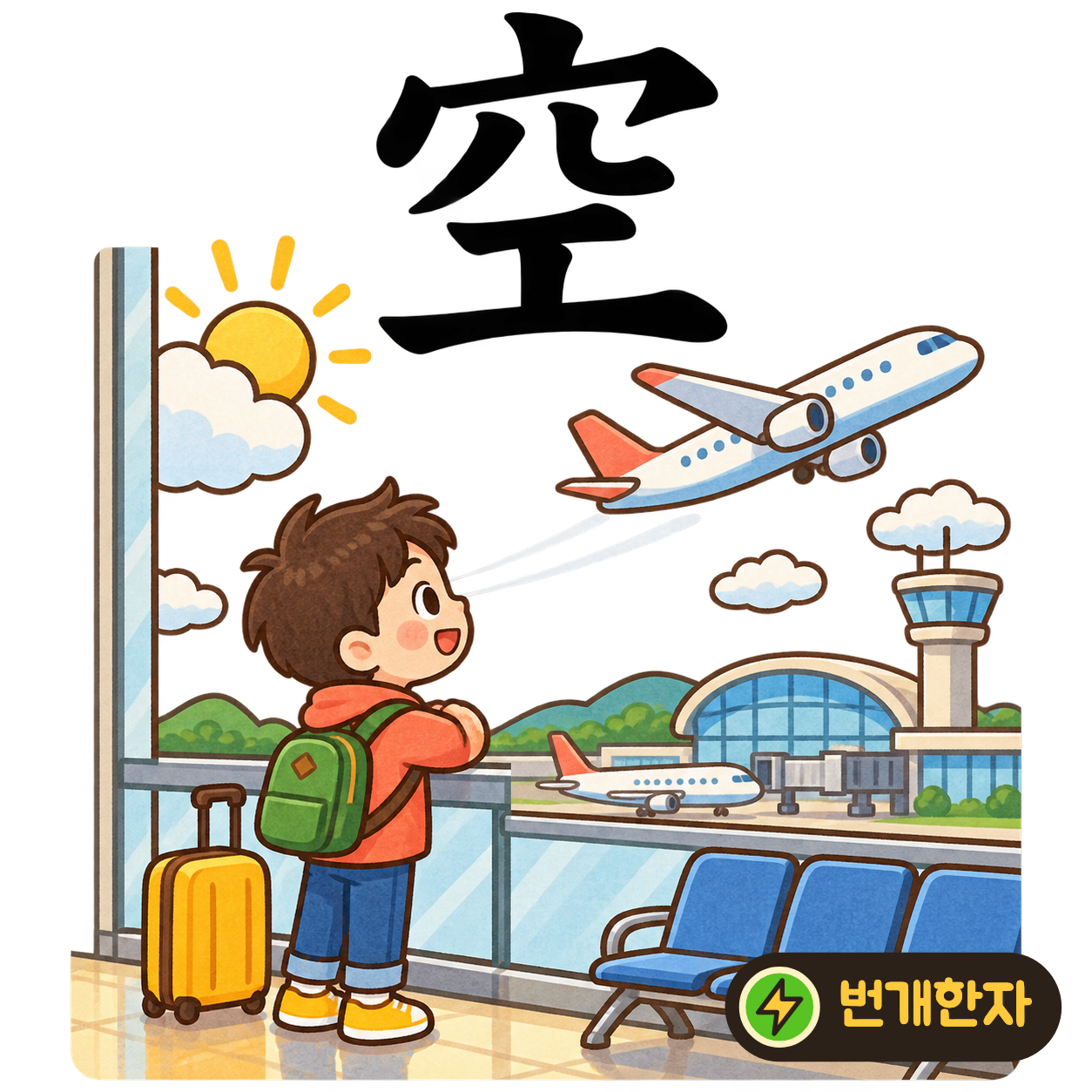 空: 구멍 穴 아래에 工이 있어요. 받침 사이가 텅 비어 바람이 통하는 모습을 상상해요. (기억 그림)