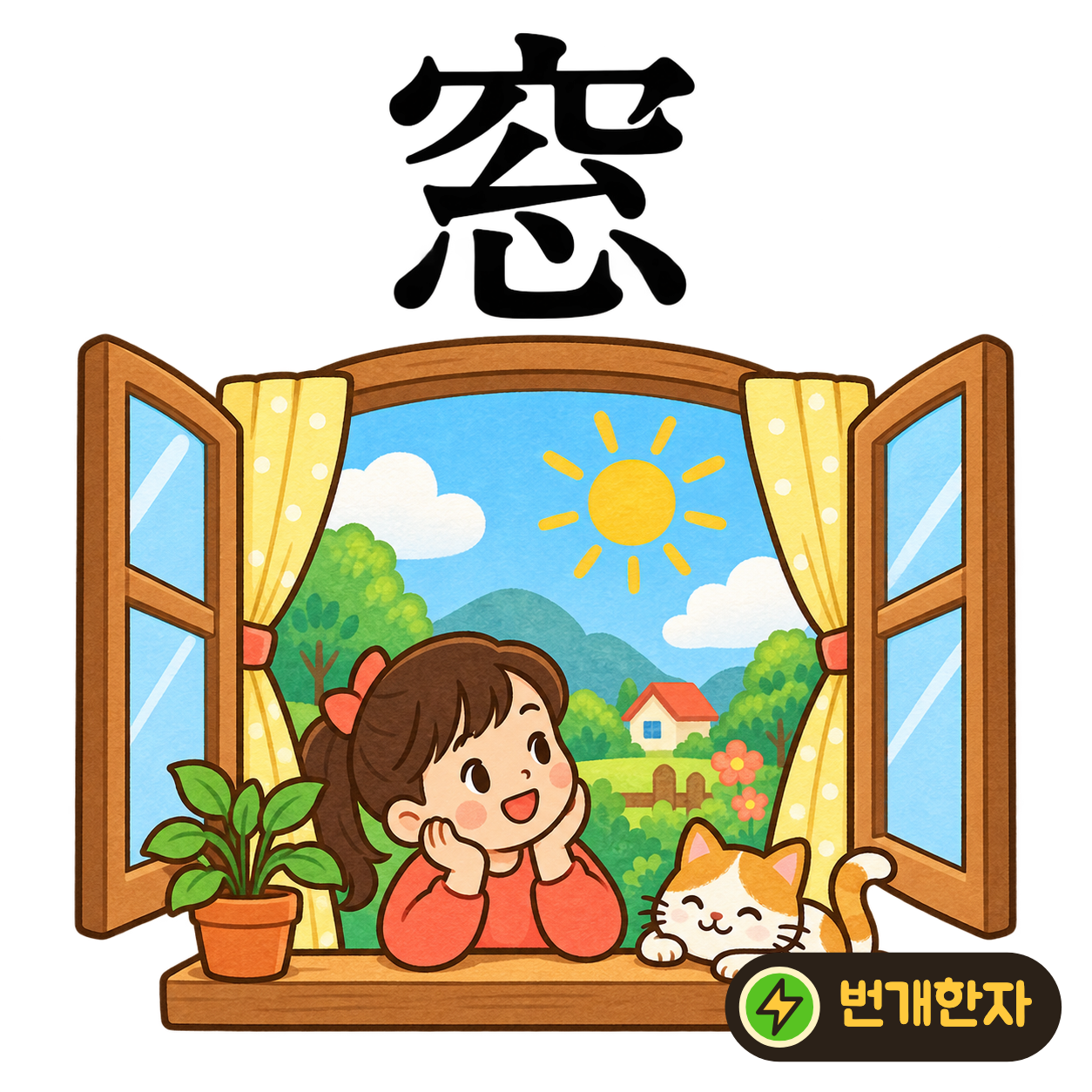 窓: 구멍 穴 아래에 厶와 마음 心이 있어요. 창문을 열면 답답한 마음까지 시원해진다고 상상해요. (기억 그림)