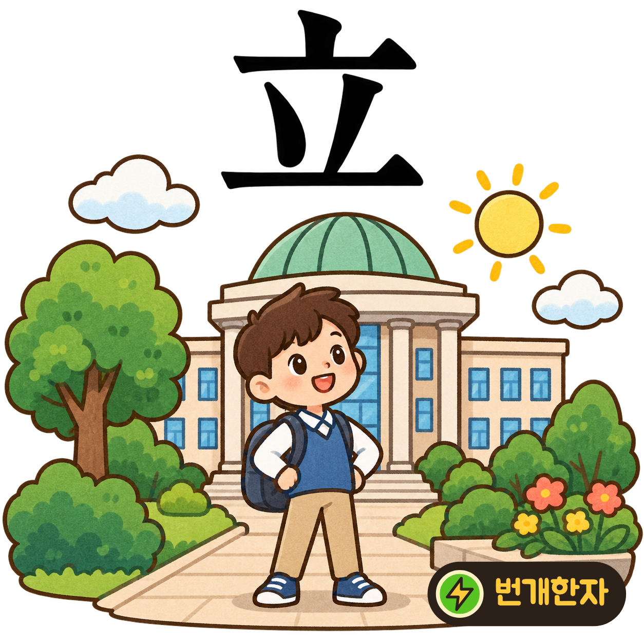 立: 윗부분 아래에 두 획이 있고 긴 바닥선이 받쳐요. 두 발을 바닥에 대고 반듯하게 선 모습을 떠올려요. (기억 그림)