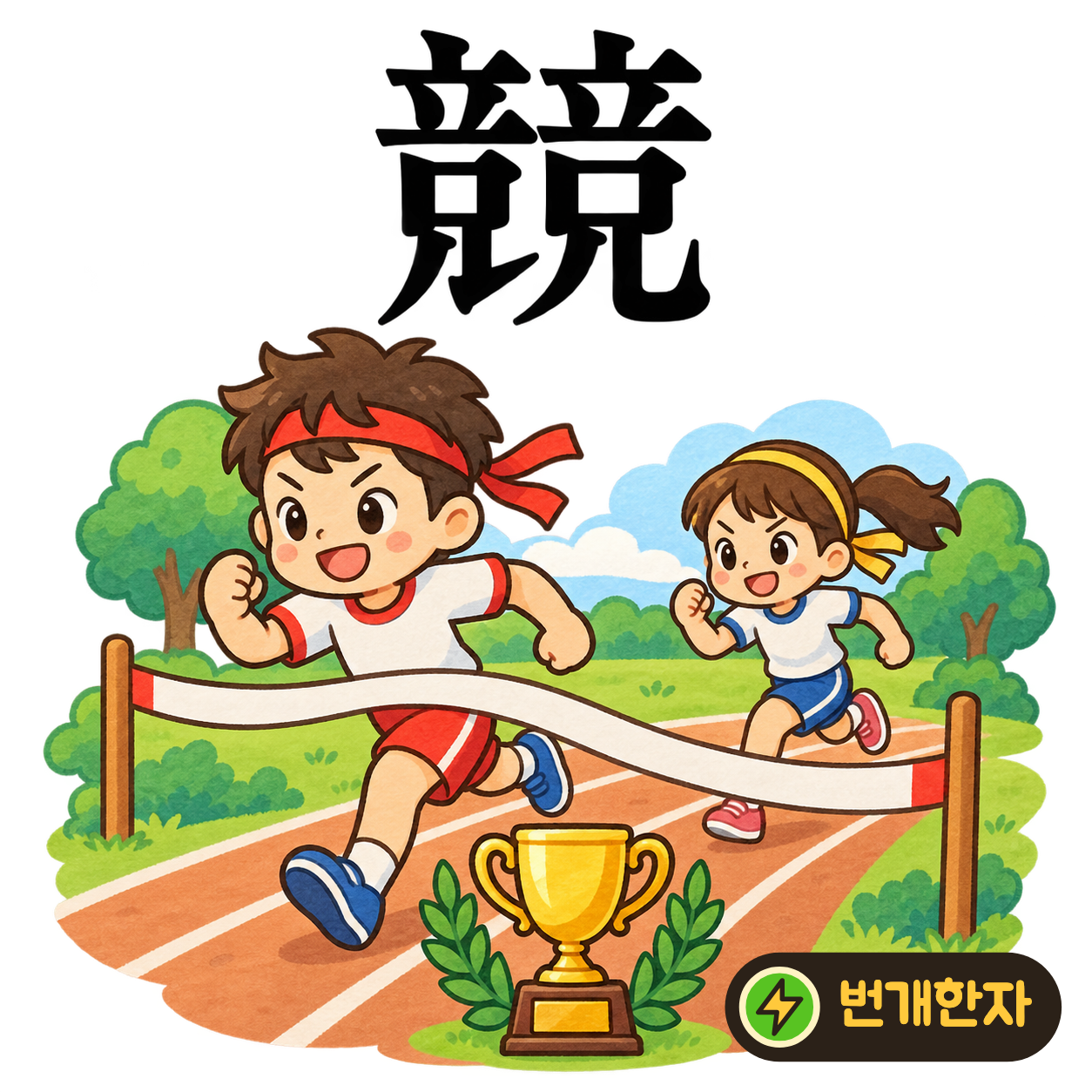 競: 비슷한 모양 둘이 나란히 서 있어요. 두 사람이 같은 출발선에서 겨루는 모습이에요. (기억 그림)