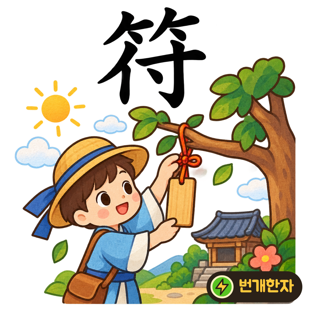 符: 대나무 모양 ⺮ 아래에 줄 付가 있어요. 대나무 쪽에 약속한 부호를 적어 건네는 모습이에요. (기억 그림)