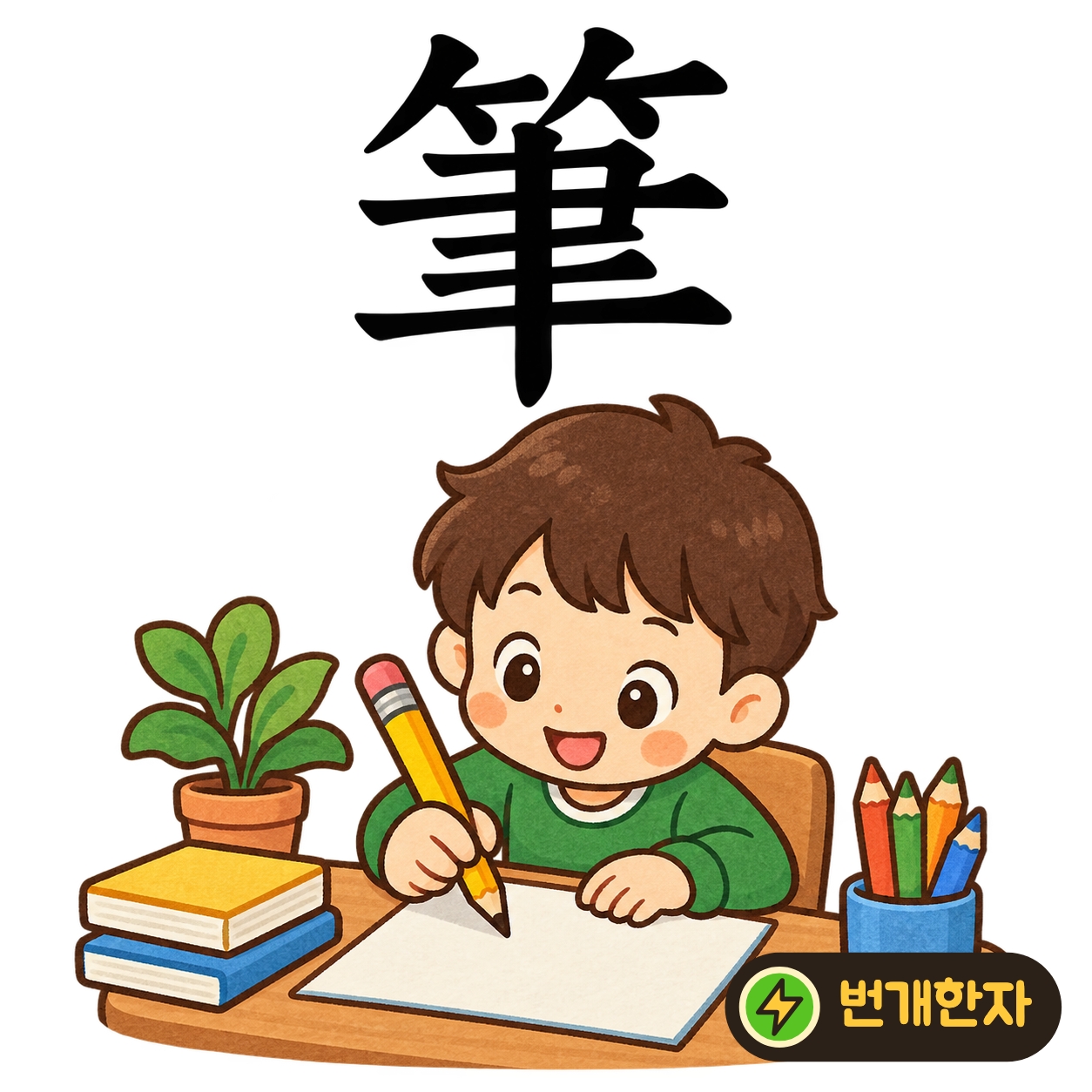 筆: 대나무 모양 ⺮ 아래에 붓 모양 聿이 있어요. 대나무 손잡이가 달린 붓을 들고 글을 써요. (기억 그림)