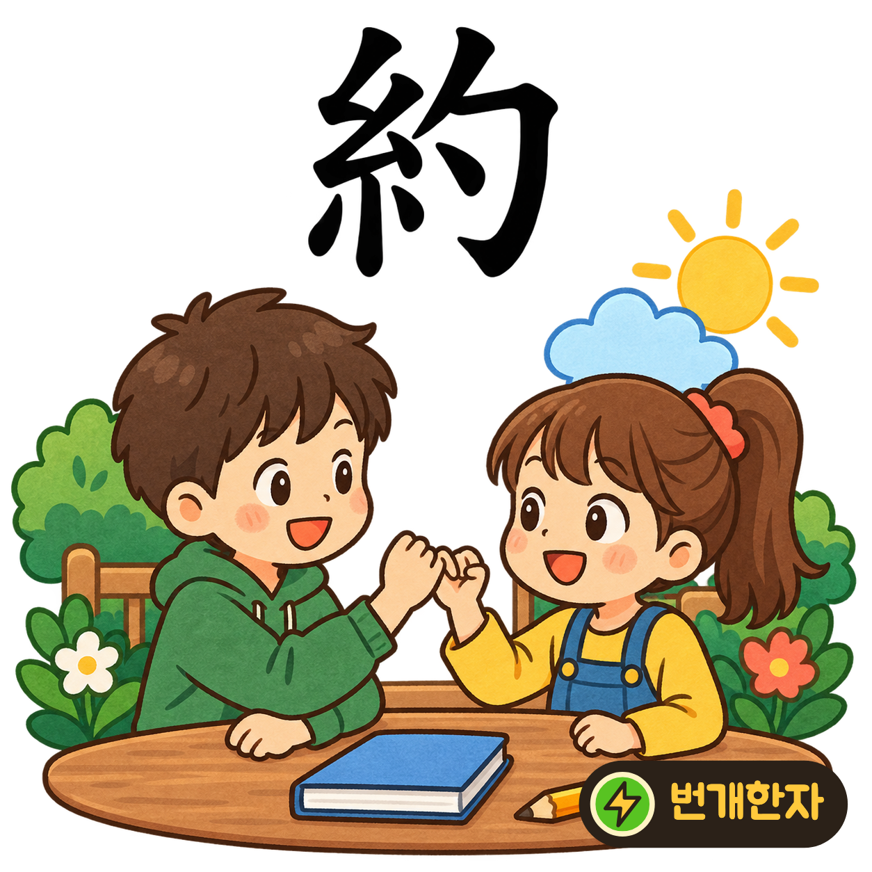 約: 실 糸 옆에 勺이 있어요. 약속을 잊지 않게 실에 작은 매듭을 맺는 장면이에요. (기억 그림)