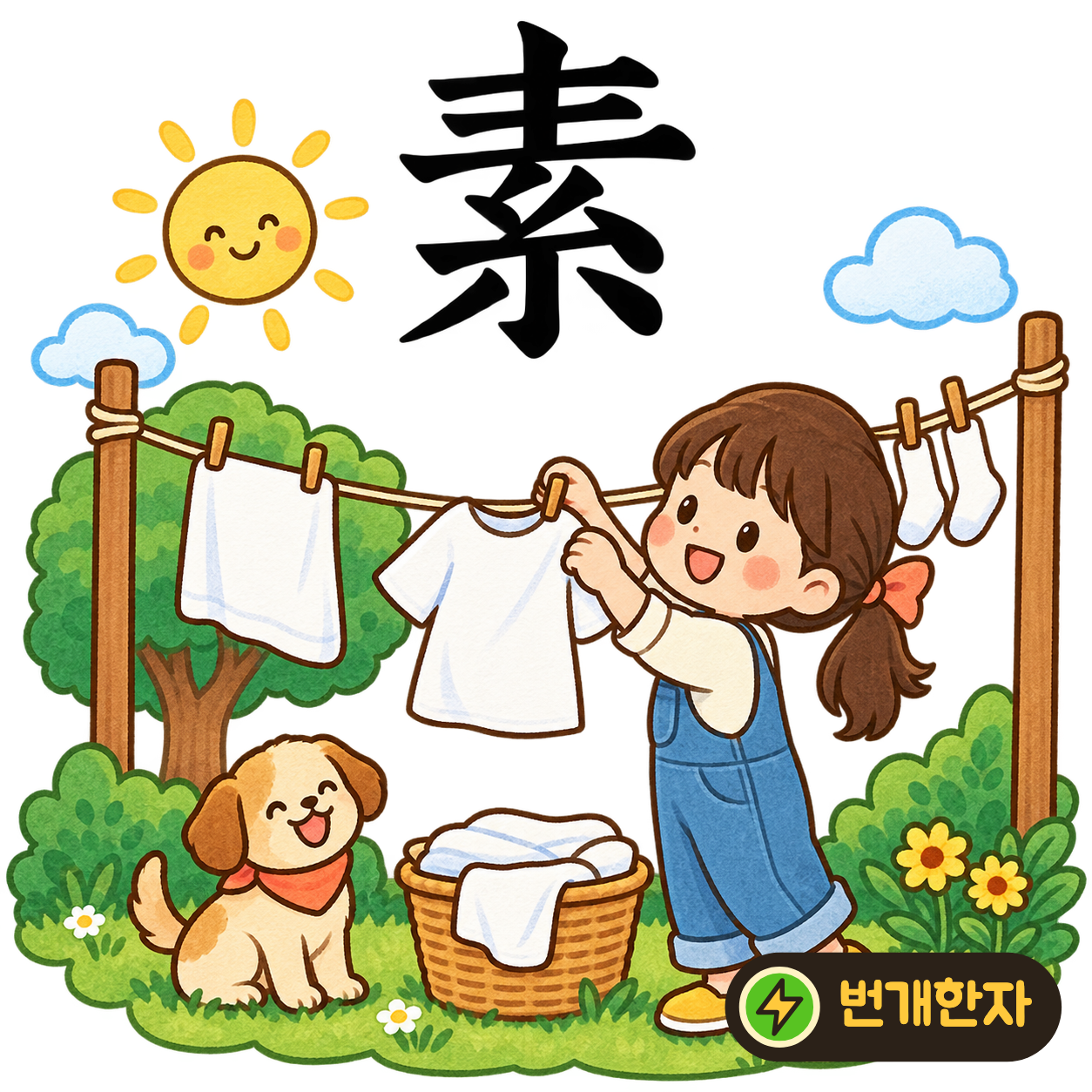 素: 윗부분 아래에 실 糸가 있어요. 아무 색도 더하지 않은 본래의 흰 실을 떠올려요. (기억 그림)