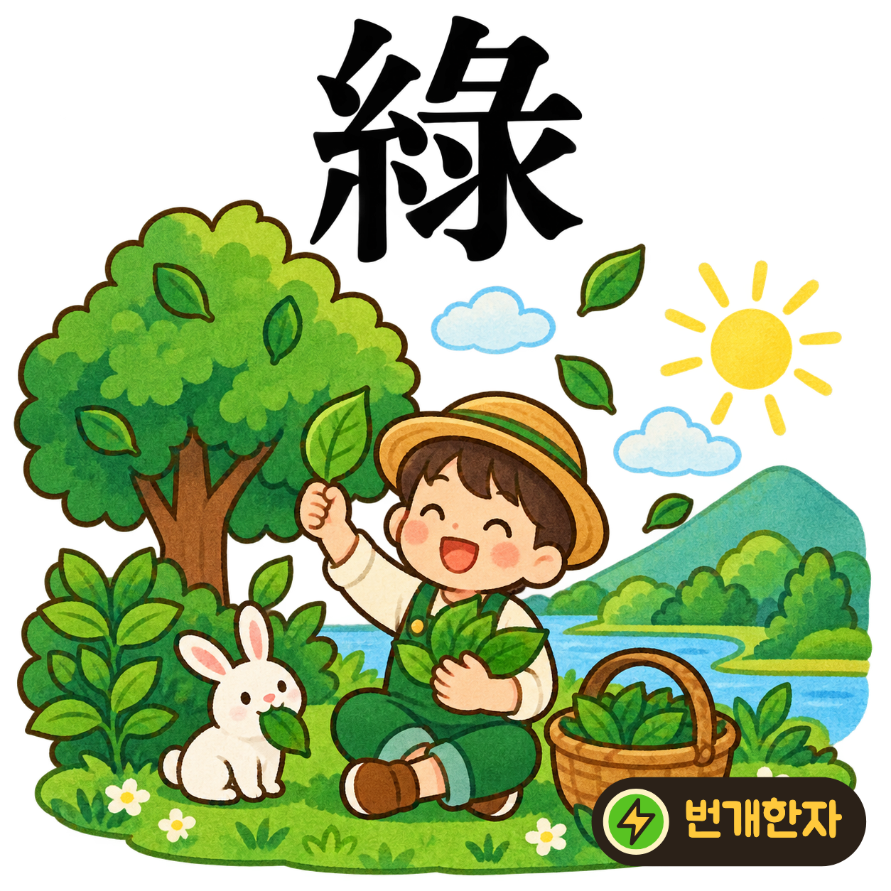 綠: 실 糸 옆에 彔이 있어요. 풀빛 물에 실을 담가 푸르게 물들이는 모습을 상상해요. (기억 그림)