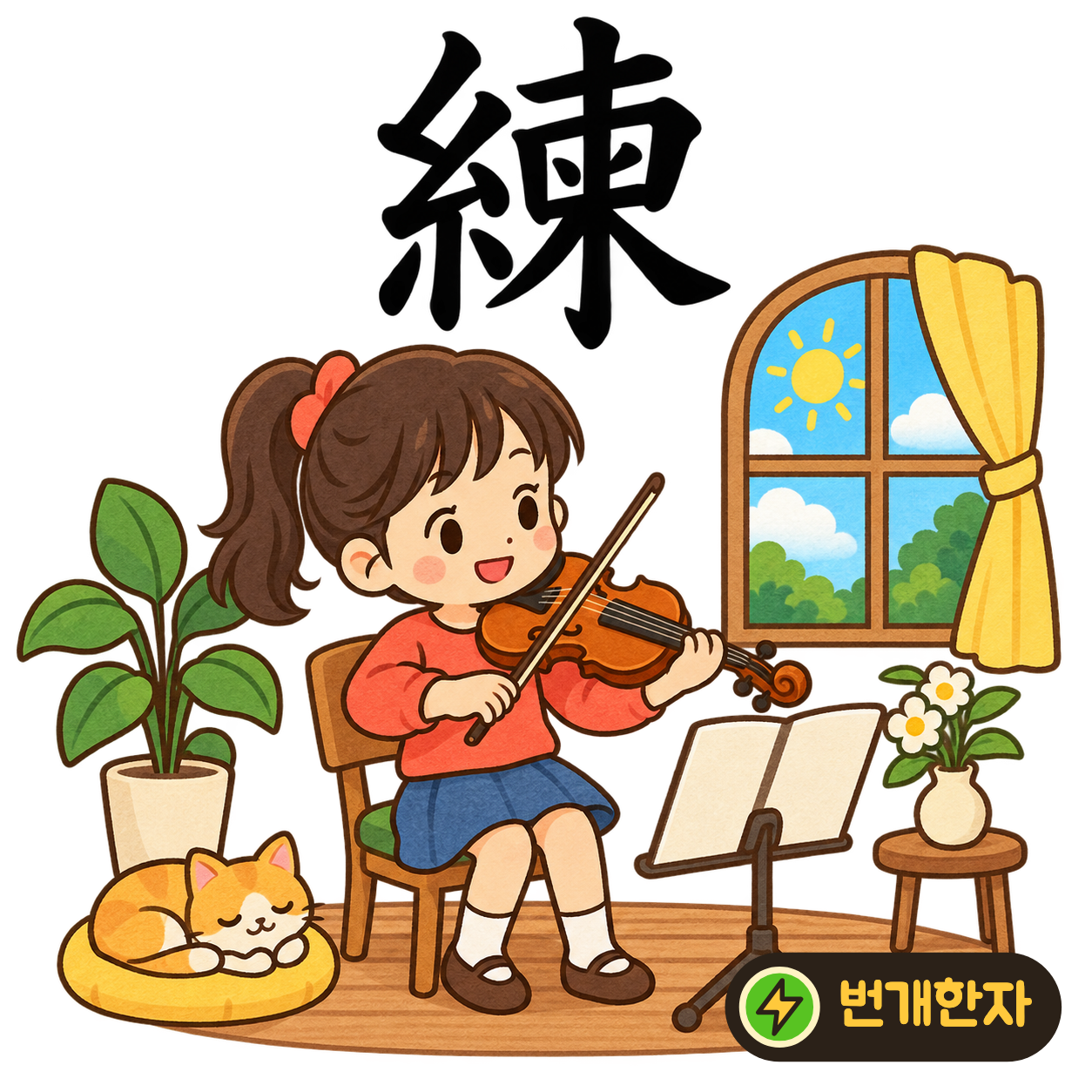 練: 실 糸 옆에 가릴 柬이 있어요. 실을 고르고 다루는 일을 여러 번 하며 익혀요. (기억 그림)
