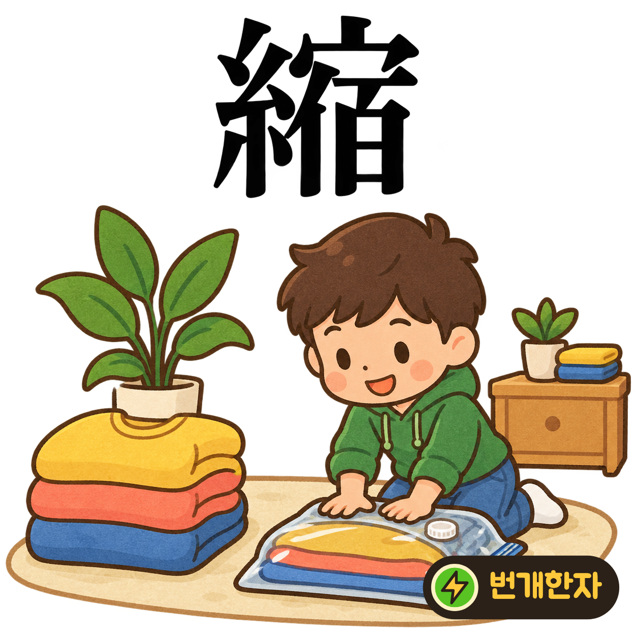 縮: 실 糸 옆에 잘 宿이 있어요. 잠자리를 접듯 실을 당겨 크기를 줄이는 모습을 상상해요. (기억 그림)