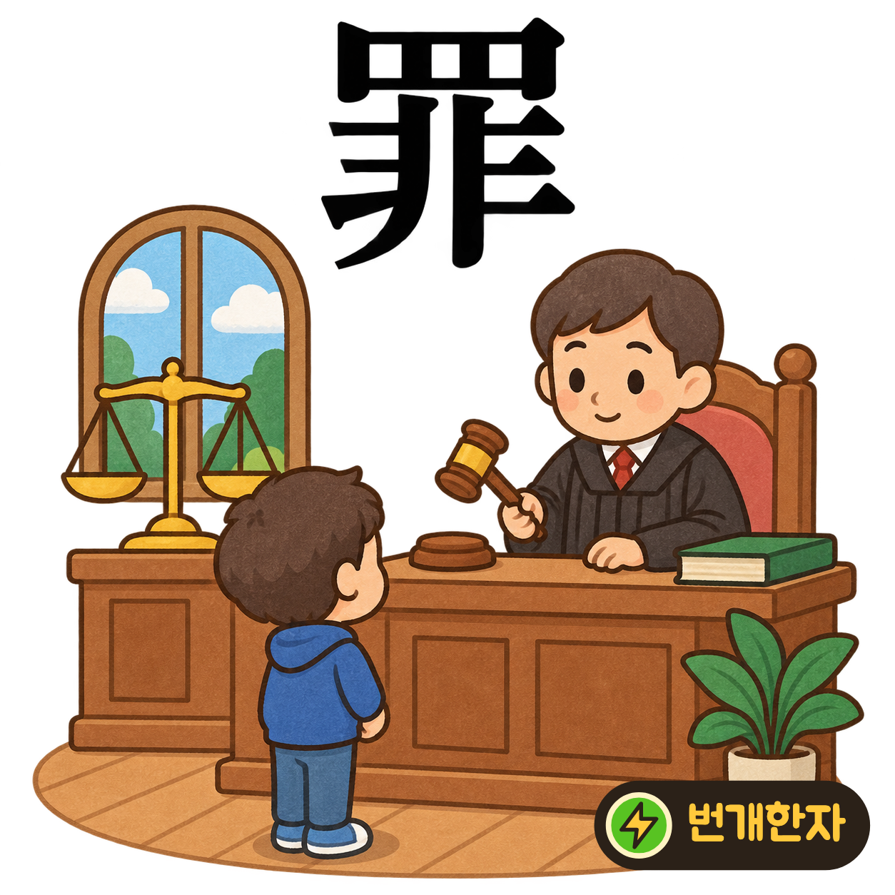 罪: 그물 모양 罒 아래에 아닐 非가 있어요. 옳지 않은 일을 그물로 멈추게 하는 장면으로 기억해요. (기억 그림)