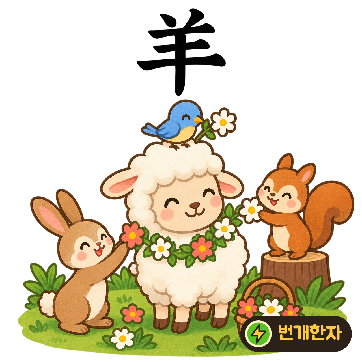 羊: 위쪽의 두 획 아래로 가로획과 세로획이 이어져요. 두 뿔과 얼굴이 있는 양을 떠올려요. (기억 그림)