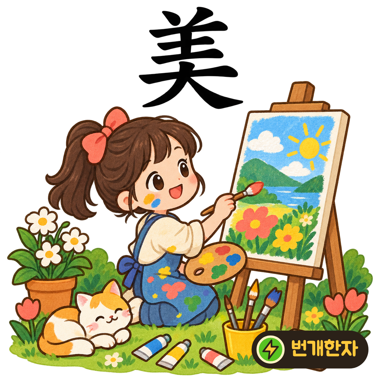 美: 양 羊 아래에 큰 大가 있어요. 커다란 양의 멋진 털을 보고 아름답다고 느끼는 장면이에요. (기억 그림)
