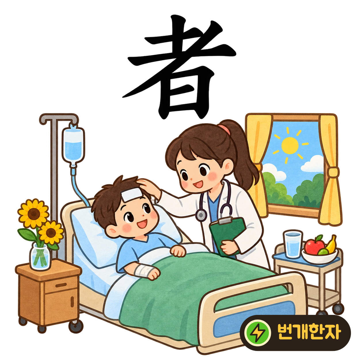 者: 윗부분의 비스듬한 획 아래에 日이 있어요. 햇빛 아래 일을 맡아 하는 한 사람을 가리킨다고 상상해요. (기억 그림)