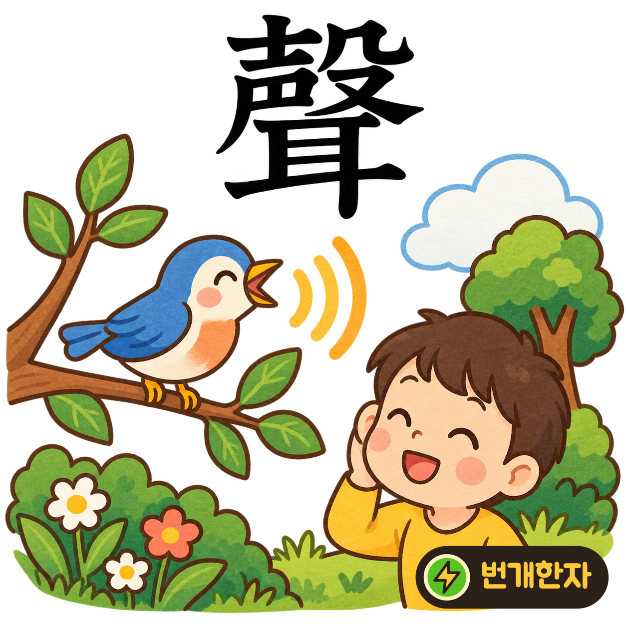聲: 윗부분 아래에 귀 耳가 있어요. 위에서 울린 소리가 아래의 귀에 닿는 장면이에요. (기억 그림)