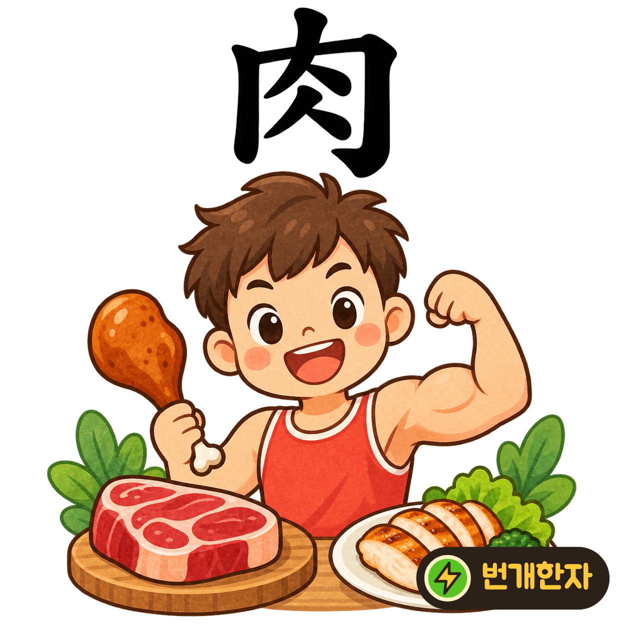 肉: 테두리 안에 사람 같은 획들이 겹쳐 있어요. 고기 한 조각 안에 보이는 결을 상상해요. (기억 그림)