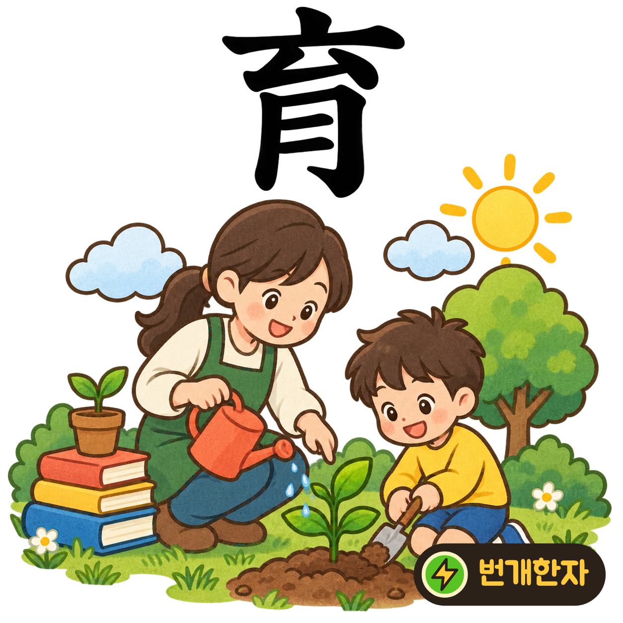 育: 윗부분 아래에 몸을 떠올리는 月 모양이 있어요. 작은 몸을 정성껏 돌보아 기르는 모습이에요. (기억 그림)
