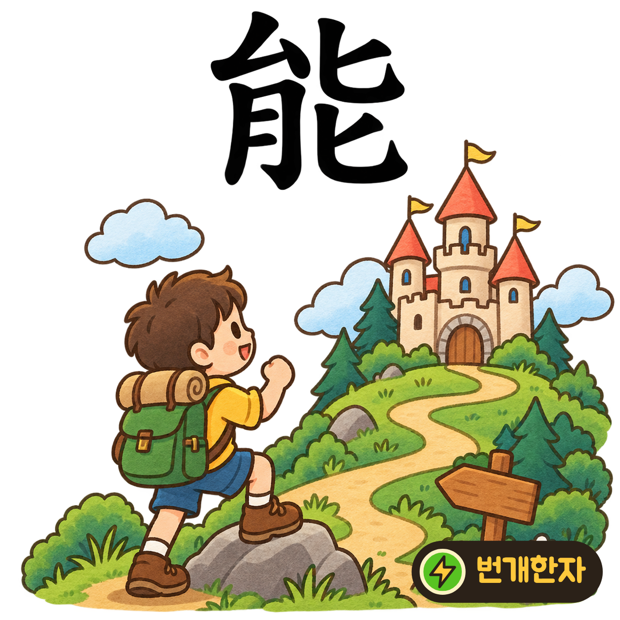 能: 왼쪽 아래의 月 모양 옆에 匕 두 개가 있어요. 두 팔로 어려운 일을 해내는 능력을 상상해요. (기억 그림)