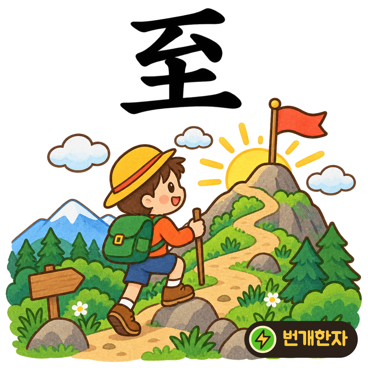 至: 윗줄 아래의 획들이 맨 아래 土까지 닿아요. 목적지 땅에 마침내 이르는 모습을 상상해요. (기억 그림)
