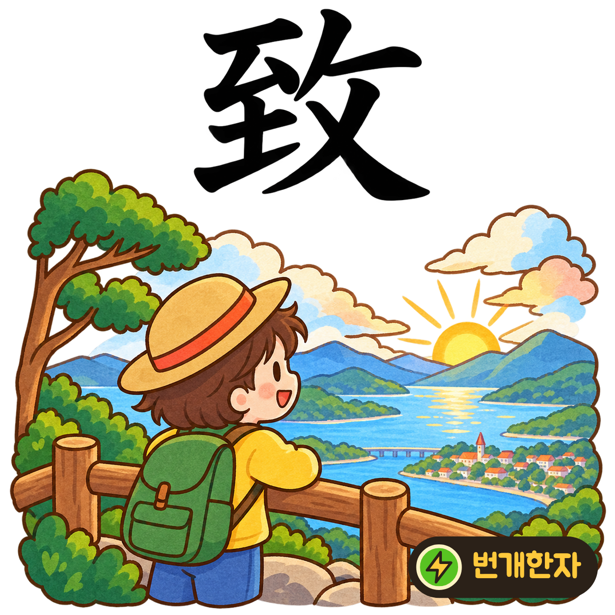 致: 이를 至 옆에 攵이 있어요. 물건을 밀어 목적지까지 닿게 하는 장면이에요. (기억 그림)