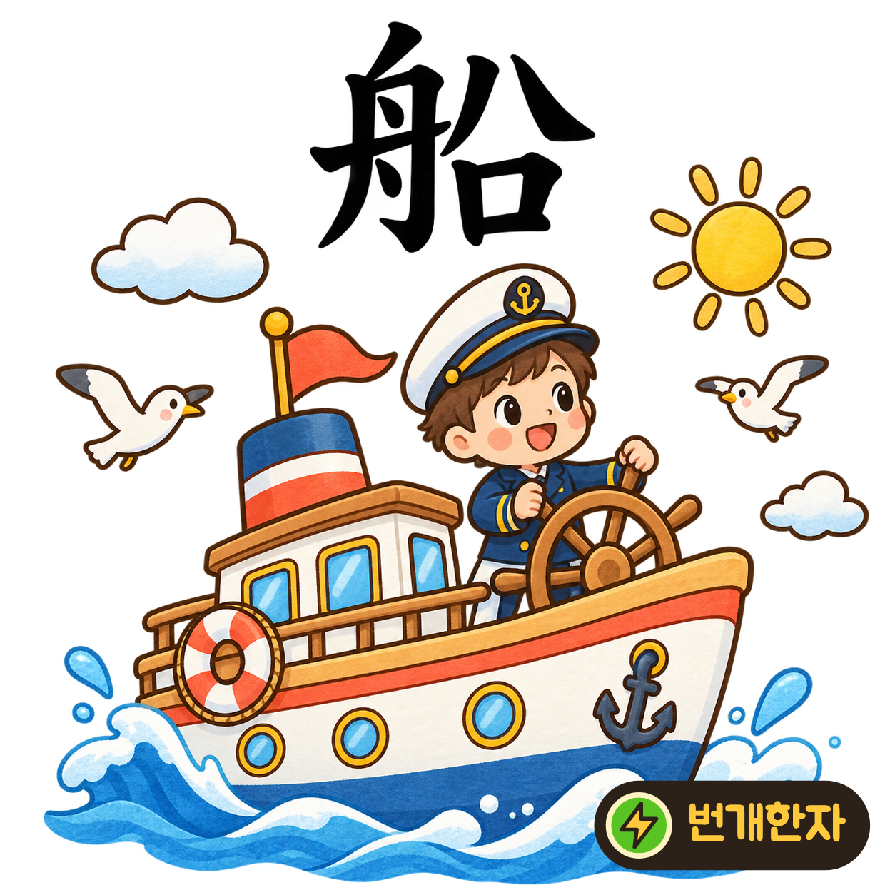 船: 배 舟 옆에 벌어진 획과 입 口가 있어요. 사람들이 배에 올라 노래하며 물을 건너요. (기억 그림)