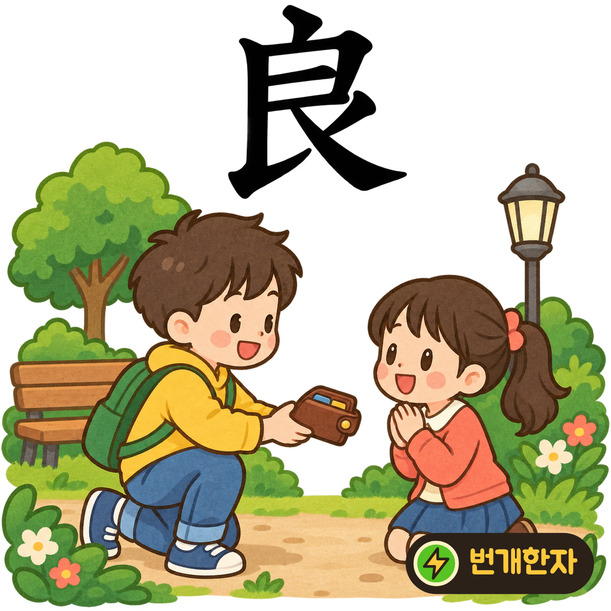 良: 윗점 아래에 艮을 닮은 획들이 펼쳐져요. 좋은 마음을 가진 사람이 반듯하게 서 있다고 상상해요. (기억 그림)
