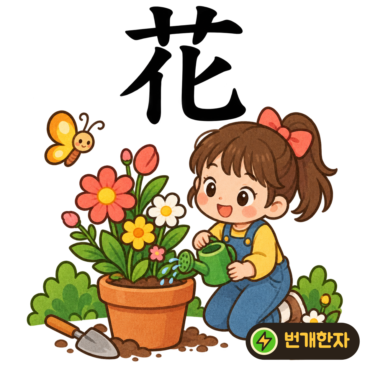 花: 풀 모양 艹 아래에 될 化가 있어요. 초록 잎 사이가 알록달록한 꽃으로 바뀌는 장면이에요. (기억 그림)
