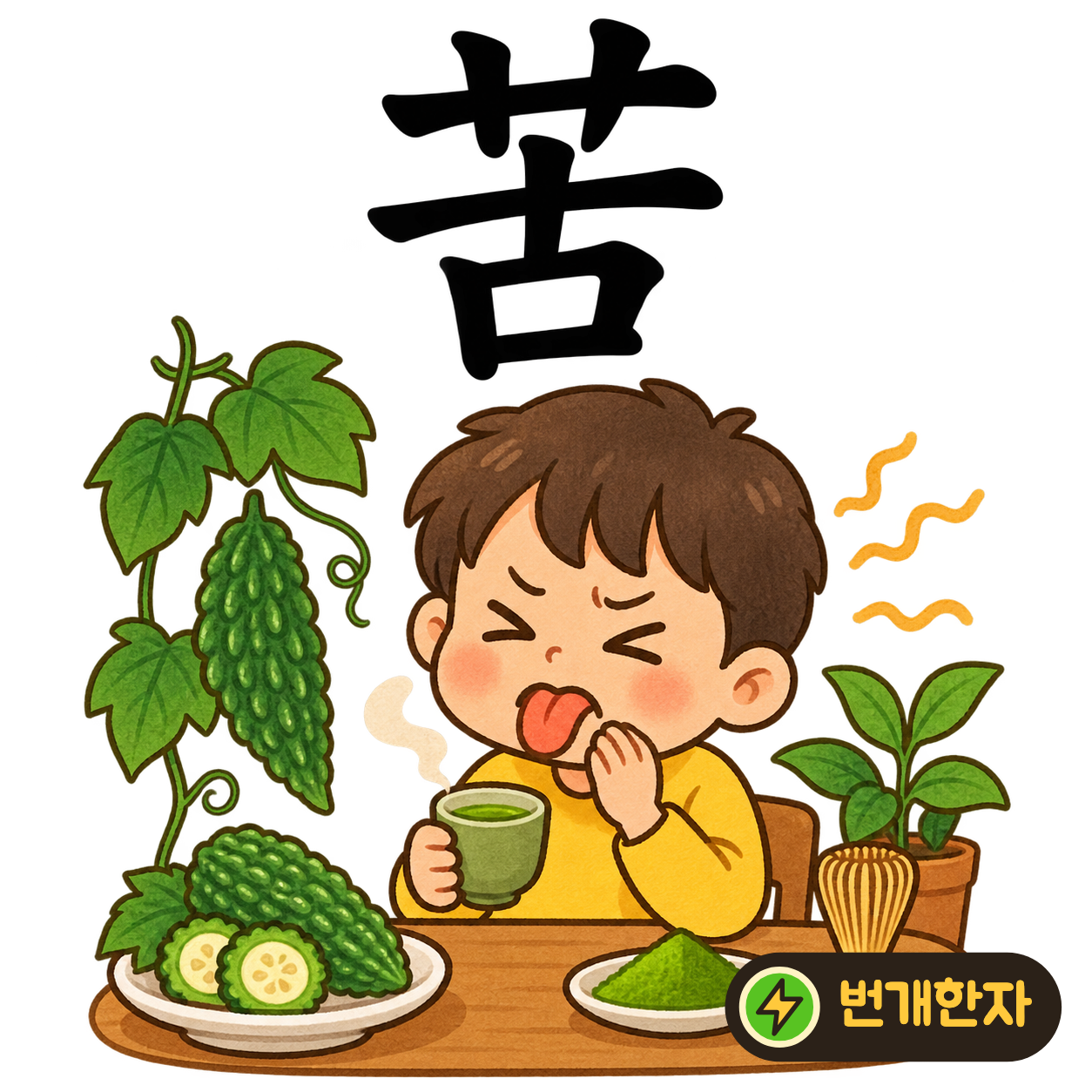 苦: 풀 모양 艹 아래에 옛 古가 있어요. 오래 기억날 만큼 쓴맛이 나는 풀을 떠올려요. (기억 그림)