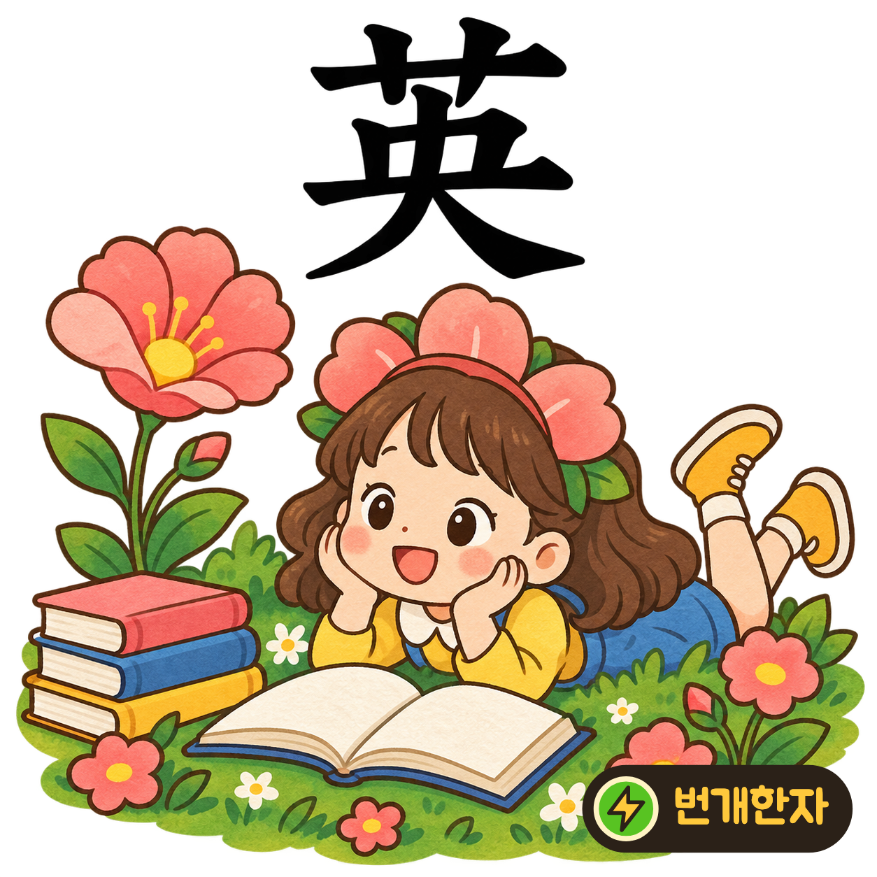 英: 풀 모양 艹 아래에 가운데 央이 있어요. 풀 한가운데 예쁜 꽃부리가 피었다고 상상해요. (기억 그림)
