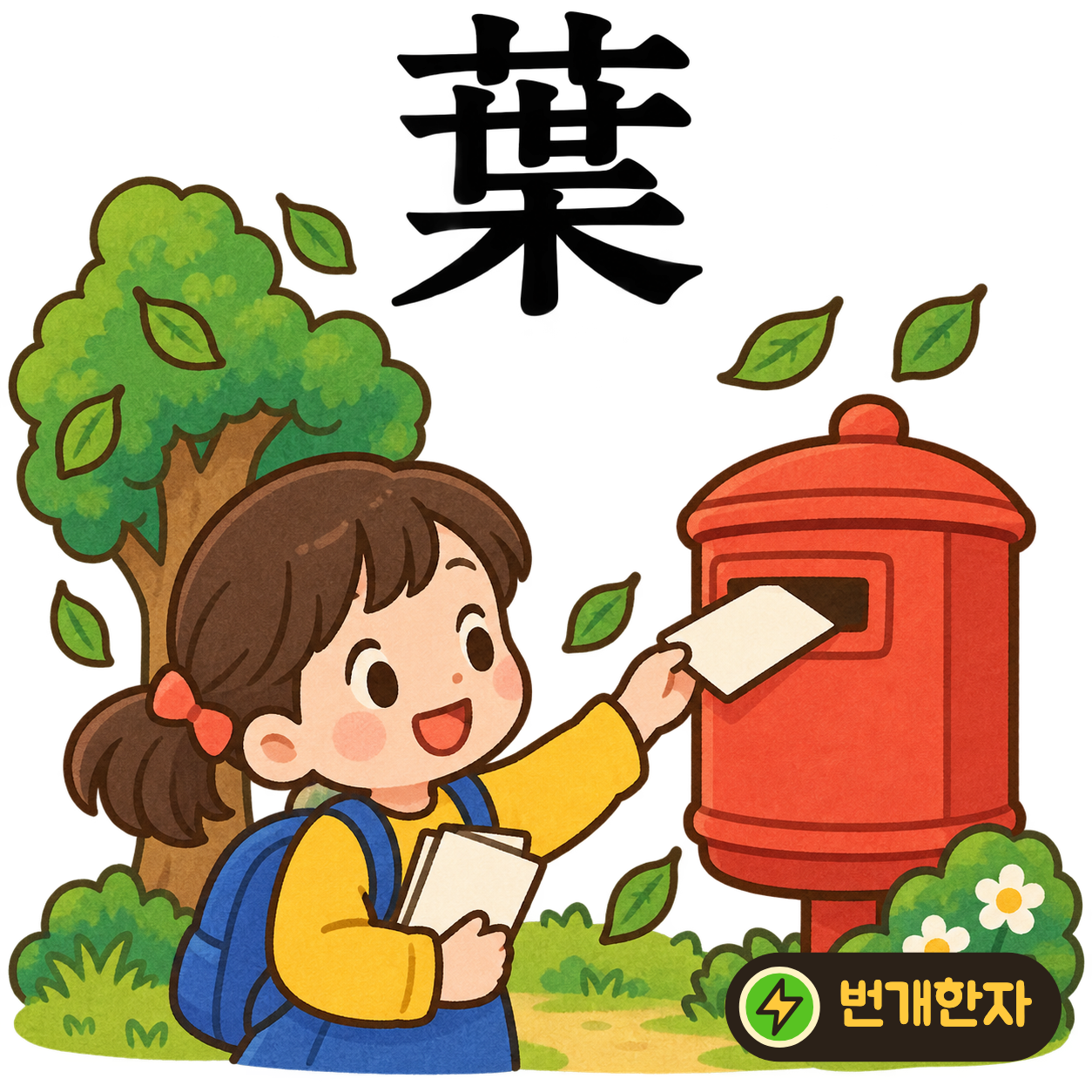 葉: 풀 모양 艹 아래에 世와 나무 木이 있어요. 나무에 잎이 여러 겹 펼쳐진 모습을 떠올려요. (기억 그림)