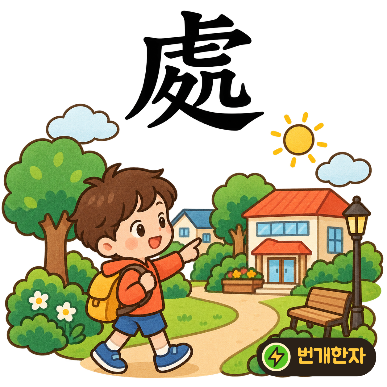 處: 윗부분의 虍 아래에 夂와 几가 있어요. 그늘 아래 쉬어 갈 자리를 찾는 모습으로 ‘곳’을 기억해요. (기억 그림)
