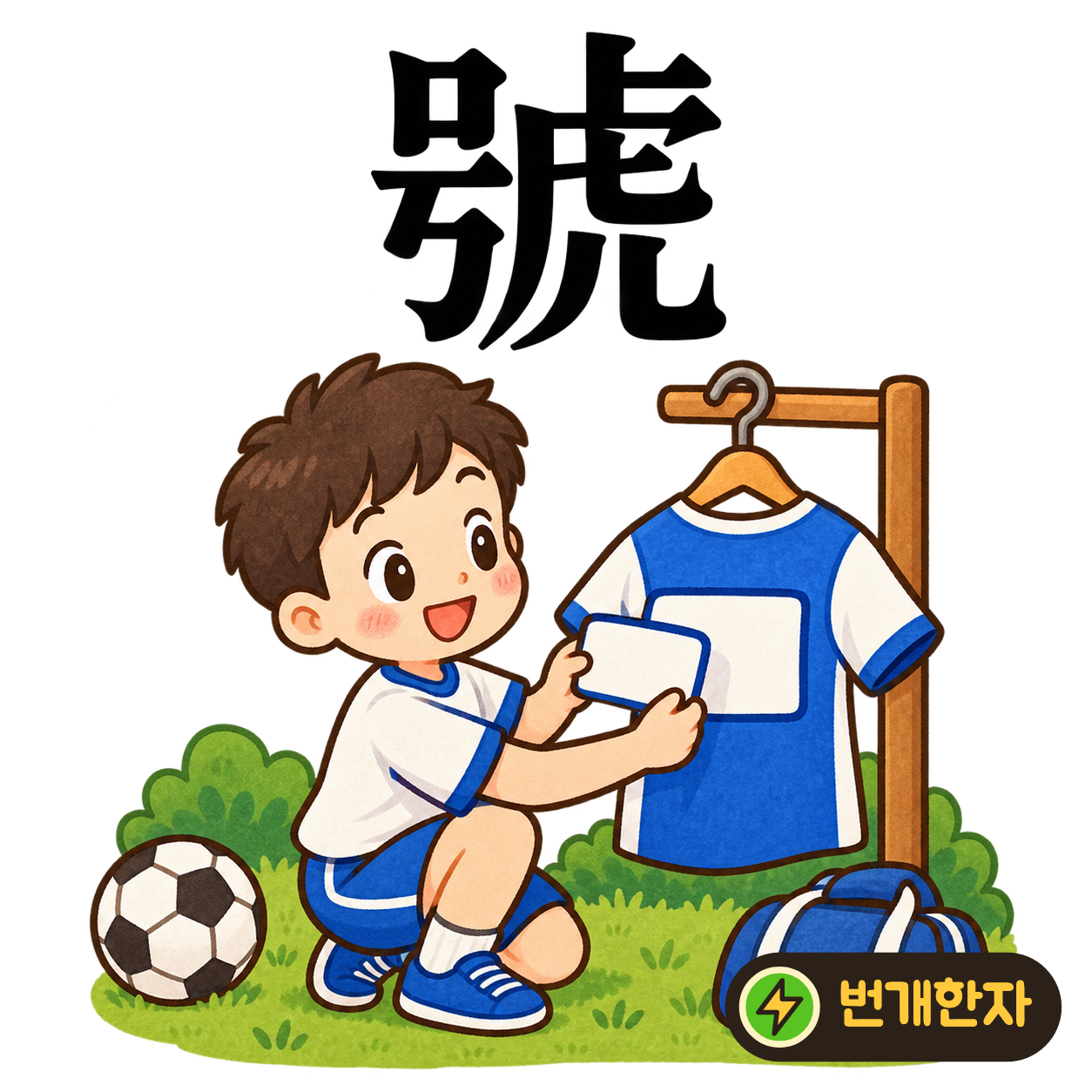 號: 왼쪽 号 옆에 범 虎가 있어요. 큰 호랑이 앞에서 이름을 크게 부르는 장면을 상상해요. (기억 그림)