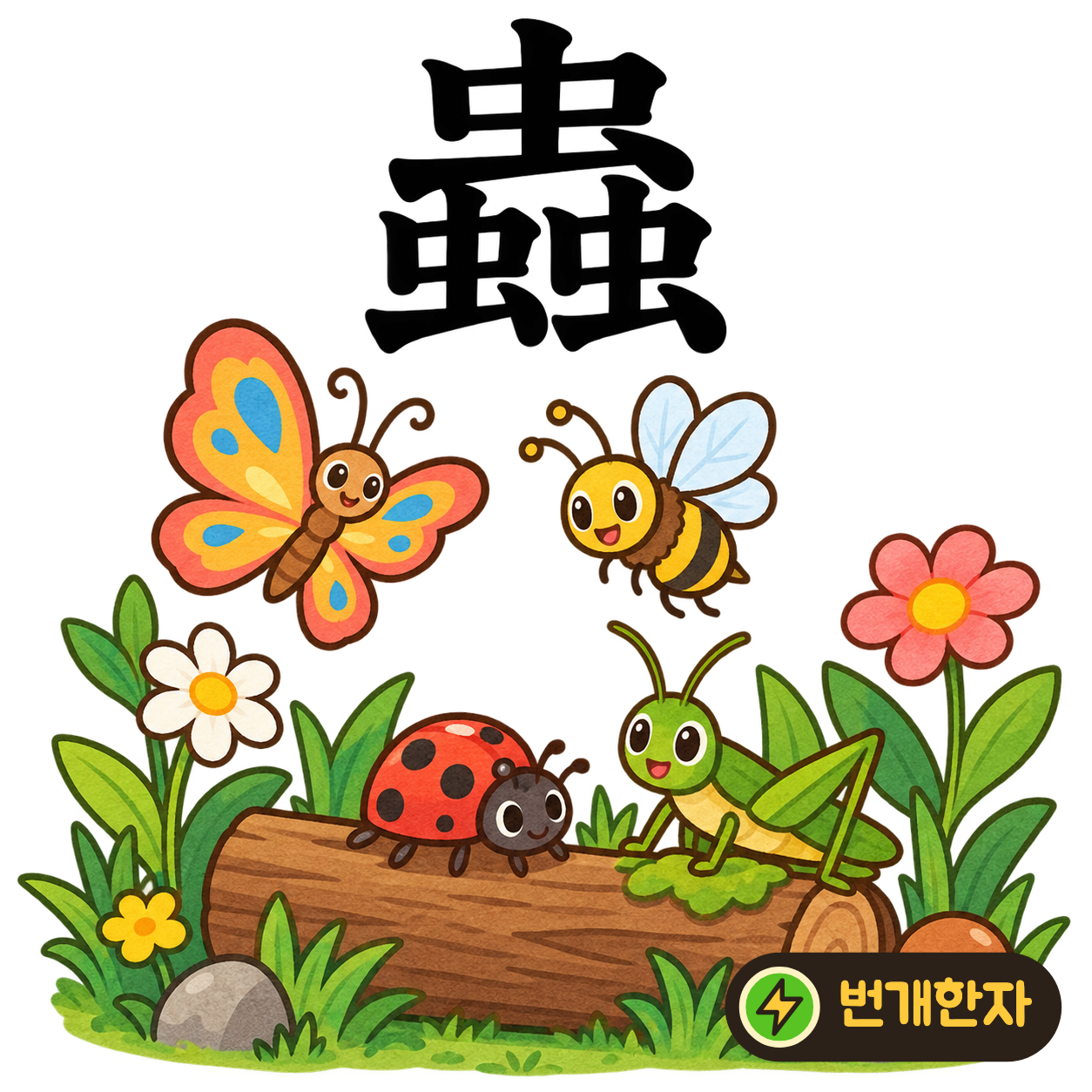 蟲: 벌레 虫이 세 개 모여 있어요. 작은 벌레들이 여럿 모인 모습을 떠올려요. (기억 그림)