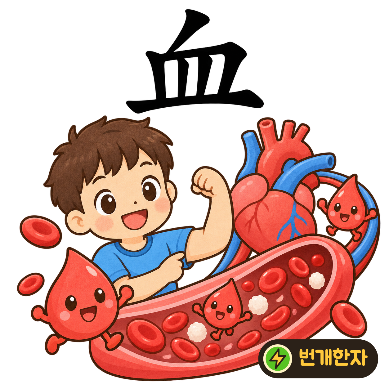 血: 그릇 皿 위에 짧은 획이 하나 있어요. 그릇에 붉은 피 한 방울이 담긴 모습으로 기억해요. (기억 그림)