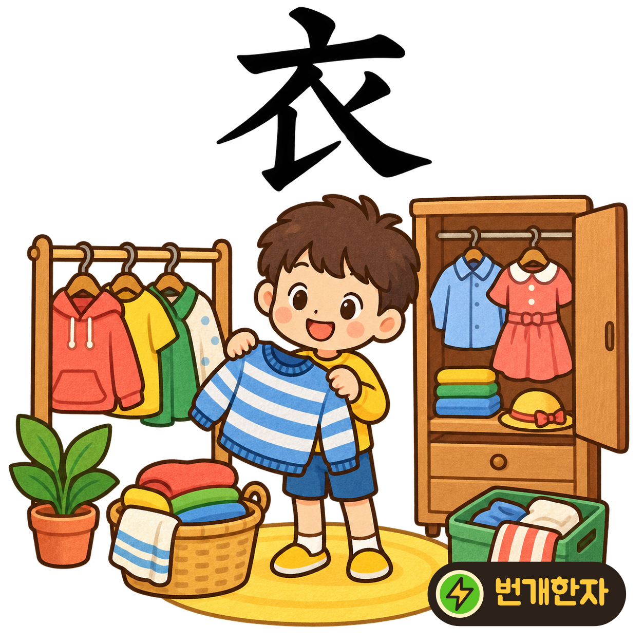 衣: 윗부분 아래로 여러 획이 소매처럼 펼쳐져요. 두 소매와 옷자락이 있는 옷을 떠올려요. (기억 그림)