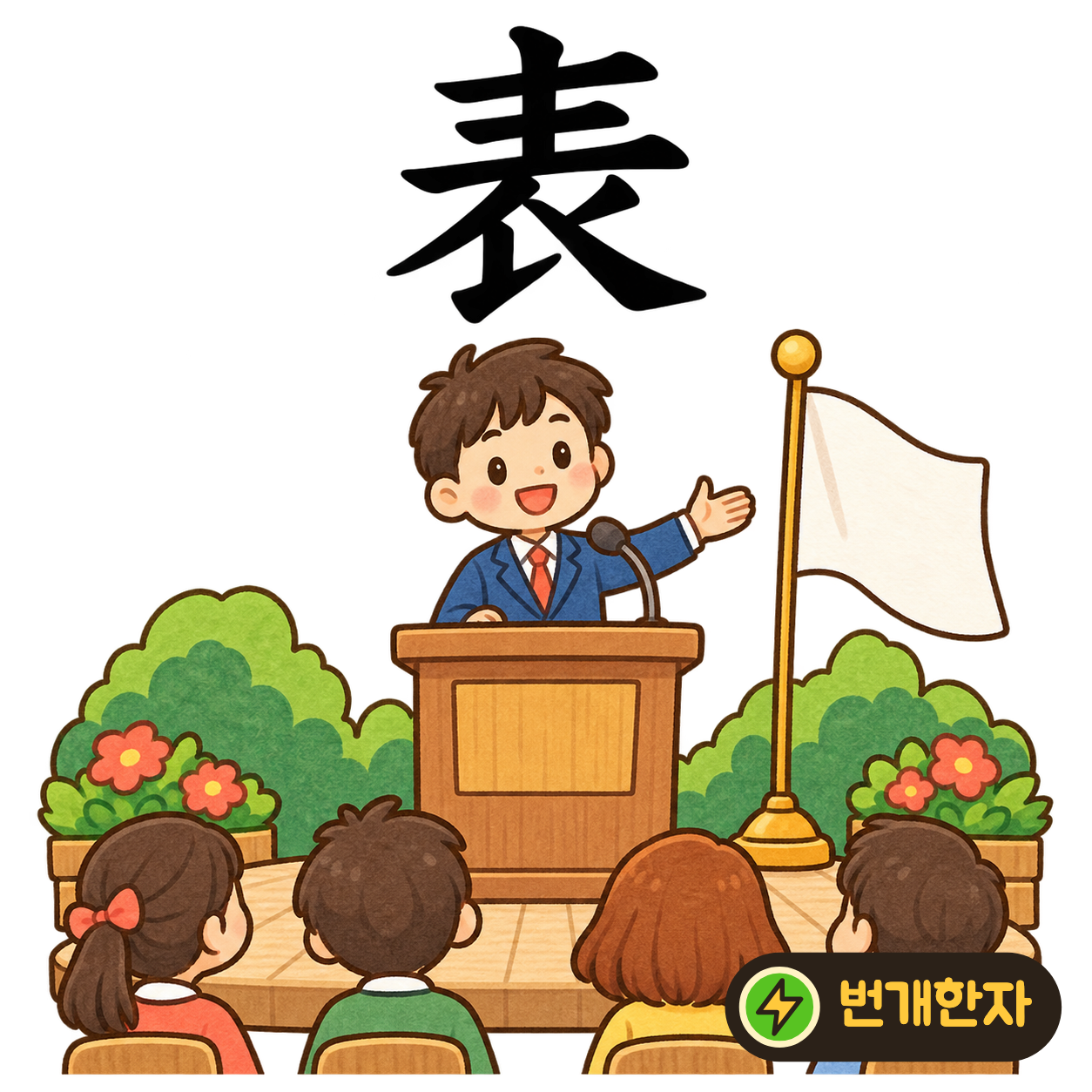 表: 윗부분 아래에 옷 衣의 아래쪽 같은 모양이 있어요. 옷의 겉면에 표시를 붙이는 모습을 상상해요. (기억 그림)