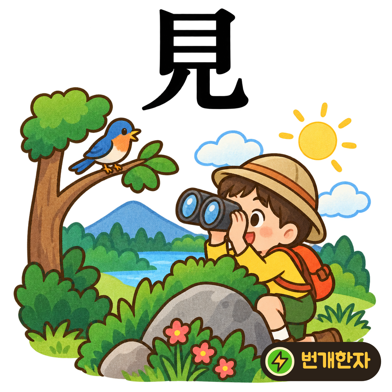 見: 눈 目 아래에 두 다리 모양 儿이 있어요. 눈을 크게 뜨고 서서 바라보는 모습이에요. (기억 그림)