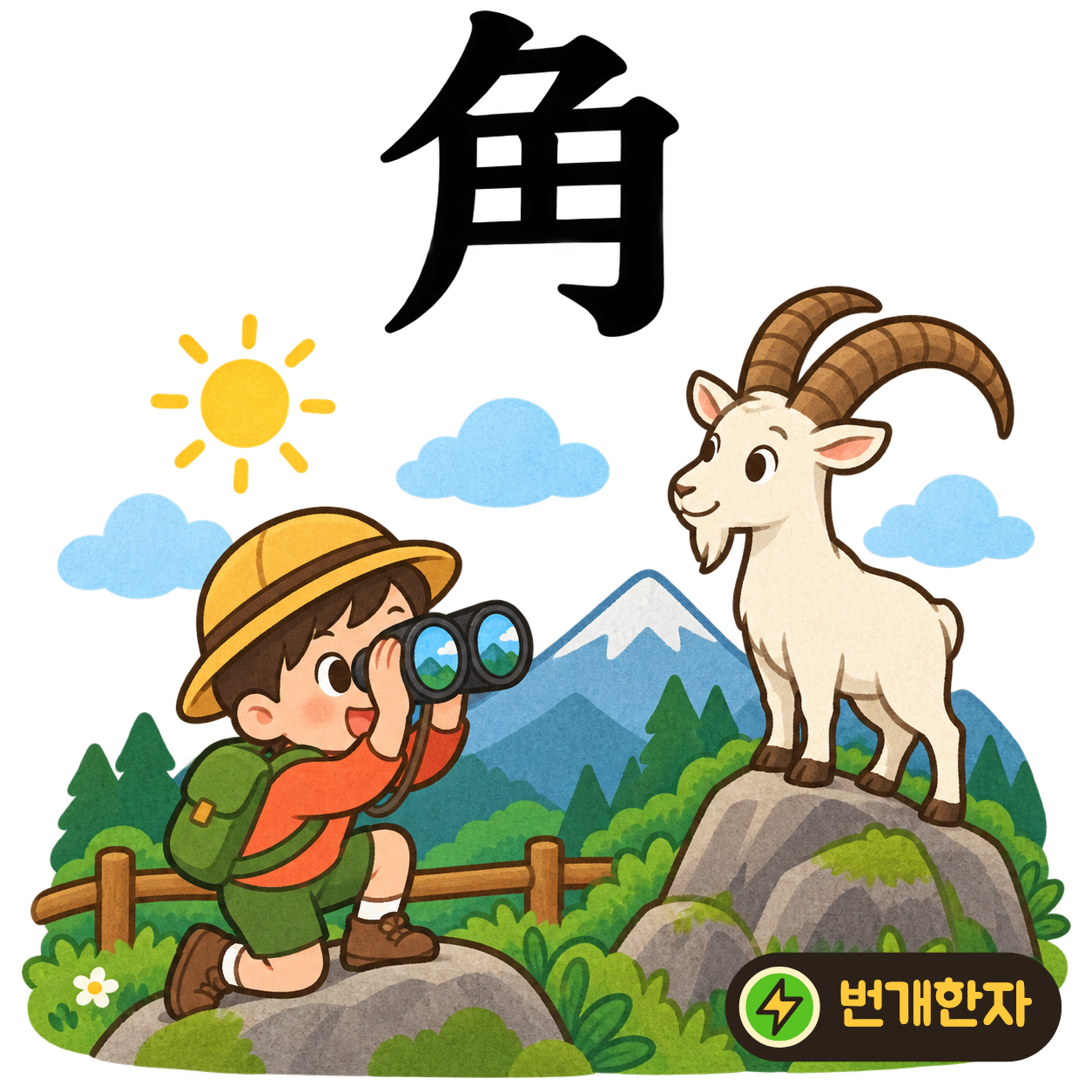 角: 위의 굽은 획 아래에 길쭉한 칸들이 있어요. 끝이 뾰족하고 단단한 뿔을 떠올려요. (기억 그림)