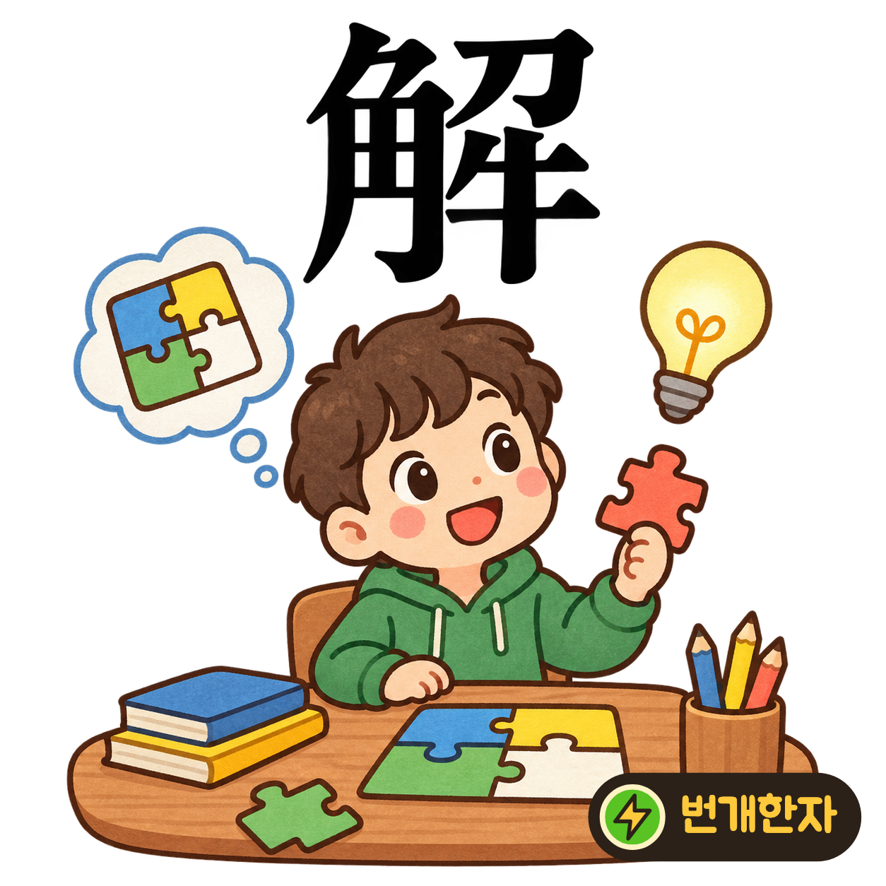 解: 뿔 角 옆에 칼 刀와 소 牛가 있어요. 소 모양 장난감을 조각으로 풀어 살피는 장면을 상상해요. (기억 그림)