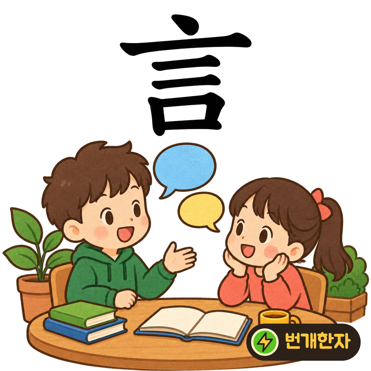 言: 윗점 아래에 가로획들이 놓이고 맨 밑에 입 口가 있어요. 입에서 말씀이 차례차례 나오는 모습이에요. (기억 그림)