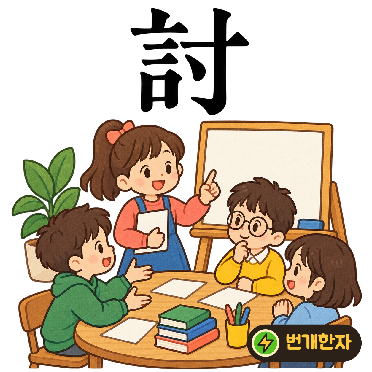 討: 말씀 言 옆에 손을 떠올리는 寸이 있어요. 잘못을 짚어 말로 따지는 모습을 상상해요. (기억 그림)