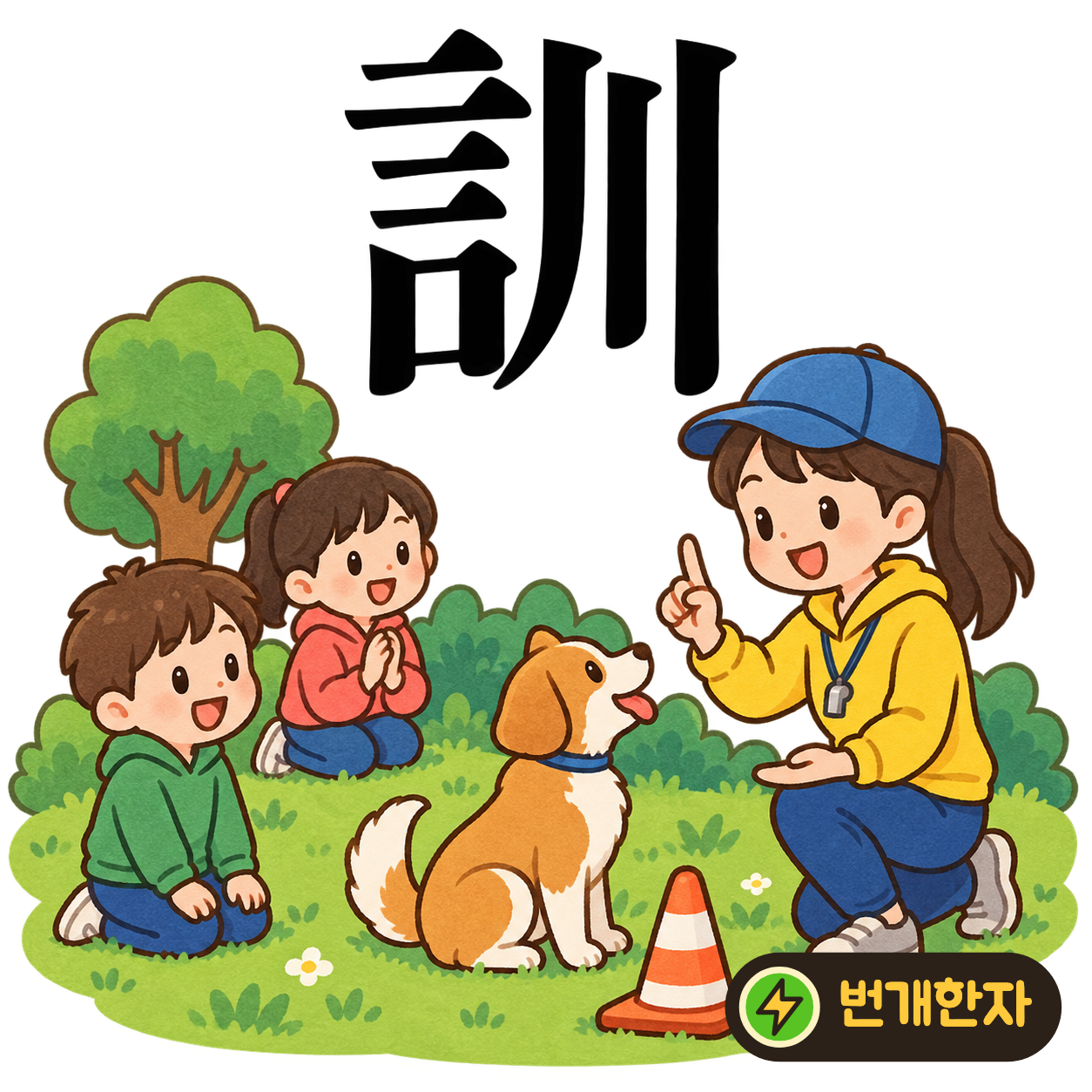 訓: 말씀 言 옆에 내 川이 있어요. 말이 물줄기처럼 이어져 가르침을 전한다고 상상해요. (기억 그림)
