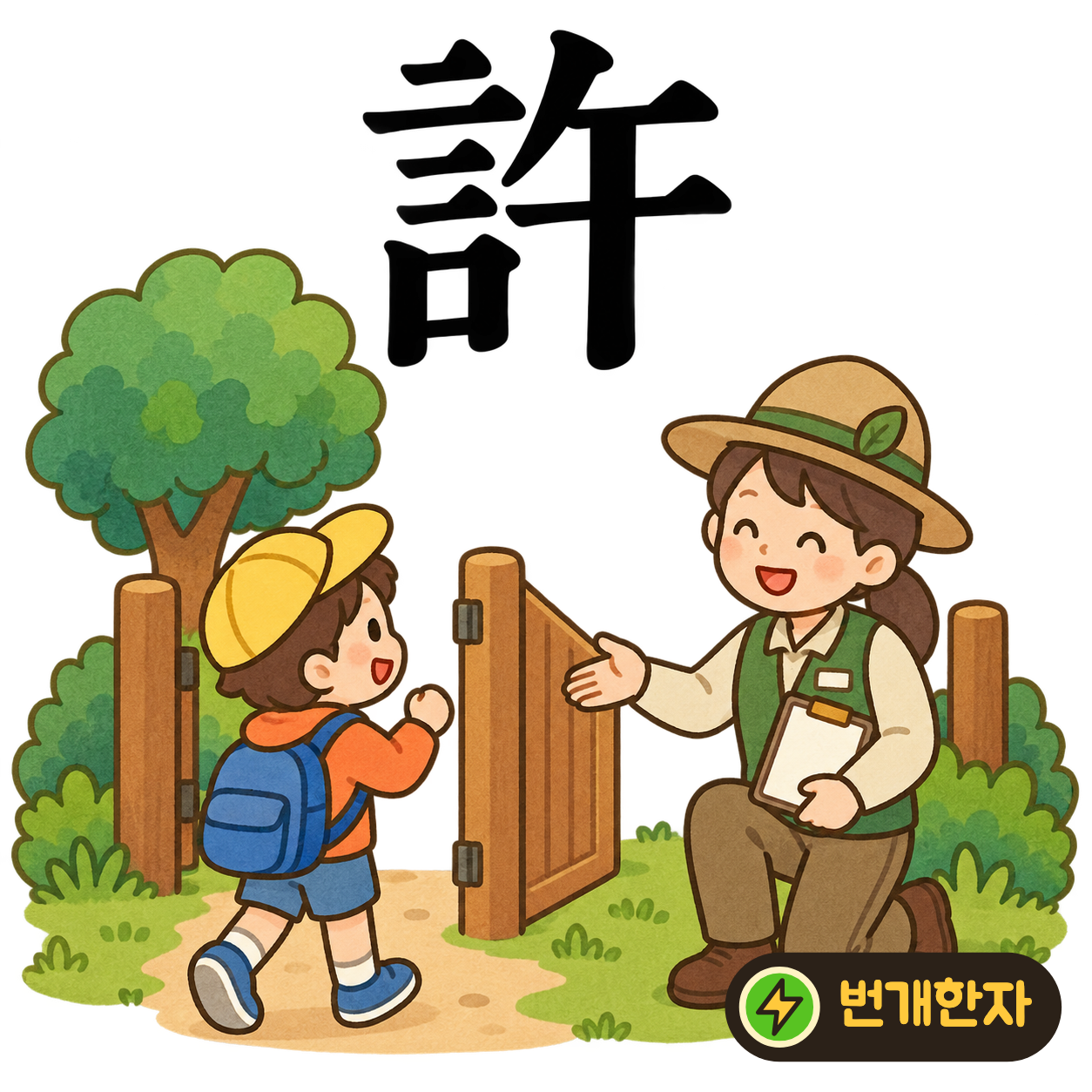 許: 말씀 言 옆에 낮 午가 있어요. ‘낮에 놀아도 좋아’라고 허락하는 말을 떠올려요. (기억 그림)