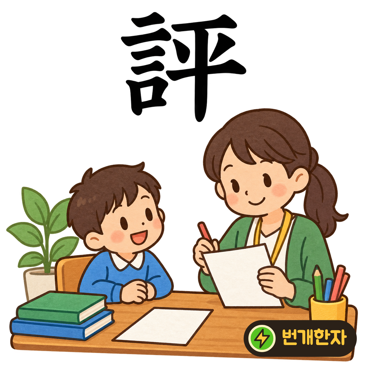 評: 말씀 言 옆에 평평할 平이 있어요. 양쪽을 공평하게 살펴 말로 평가하는 모습이에요. (기억 그림)