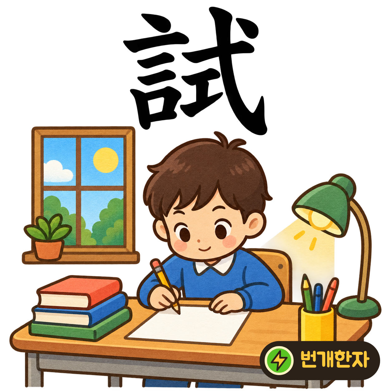 試: 말씀 言 옆에 법 式이 있어요. 정해진 방식대로 해 보라고 말하며 시험해요. (기억 그림)