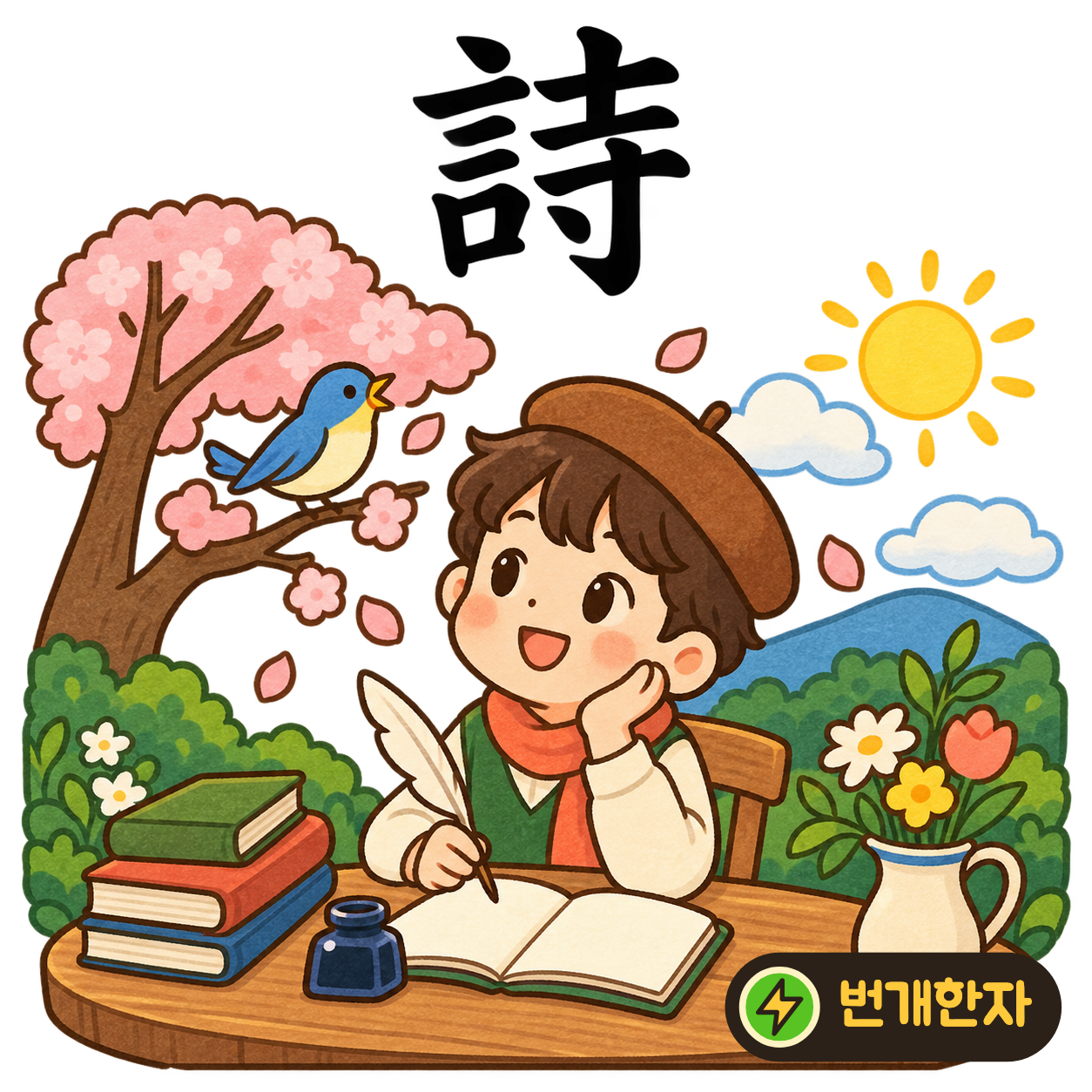 詩: 말씀 言 옆에 절 寺가 있어요. 조용한 절 풍경을 아름다운 말로 시에 담아요. (기억 그림)