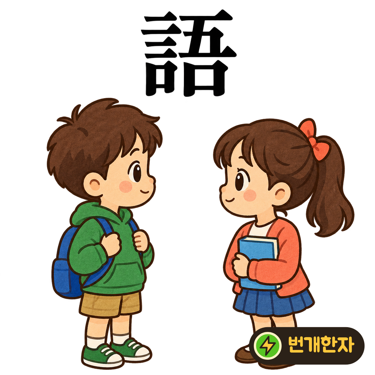 語: 말씀 言 옆에 다섯 五와 입 口가 있어요. 다섯 사람이 입을 열어 말을 주고받는 모습을 상상해요. (기억 그림)
