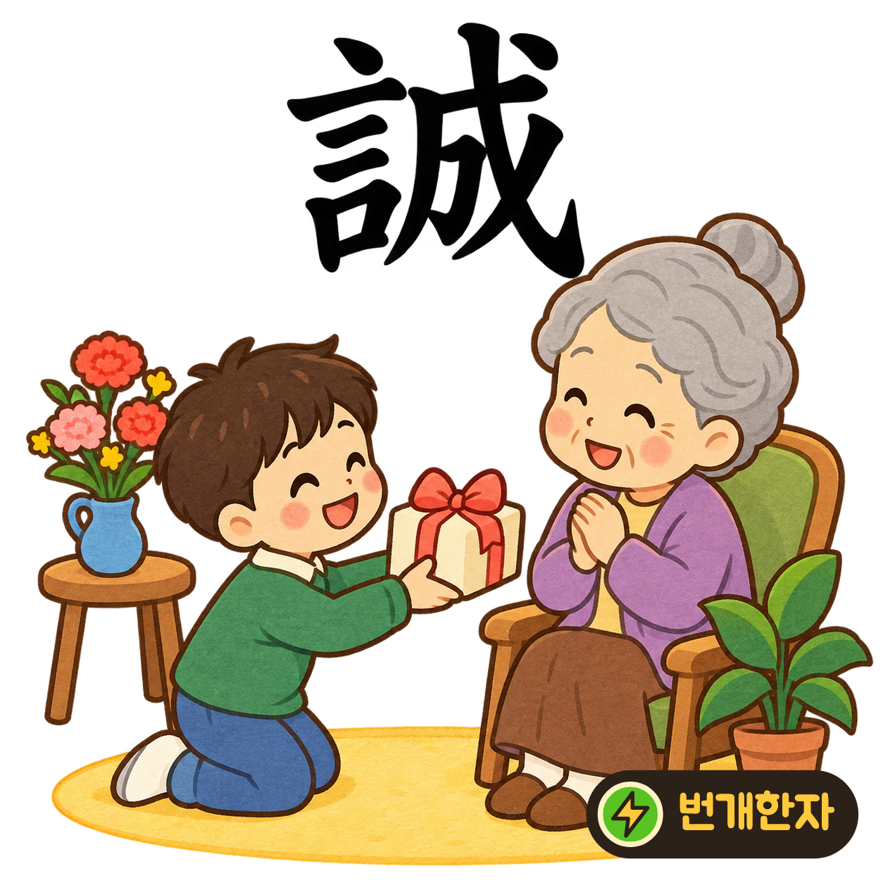 誠: 말씀 言 옆에 이룰 成이 있어요. 한 말을 정성껏 지켜 이루는 모습을 떠올려요. (기억 그림)