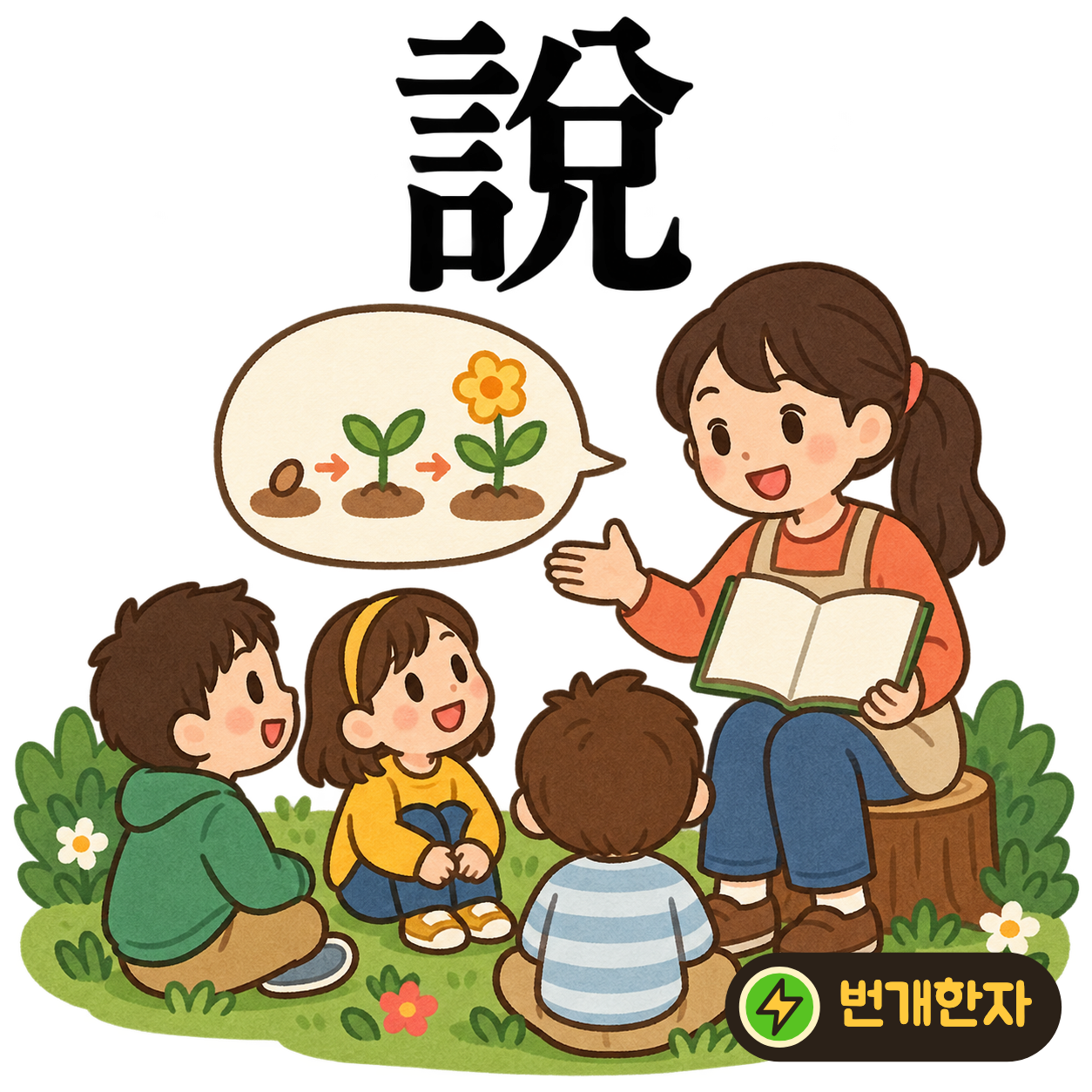 說: 말씀 言 옆에 兌가 있어요. 밝은 표정으로 이야기를 설명하는 모습을 상상해요. (기억 그림)