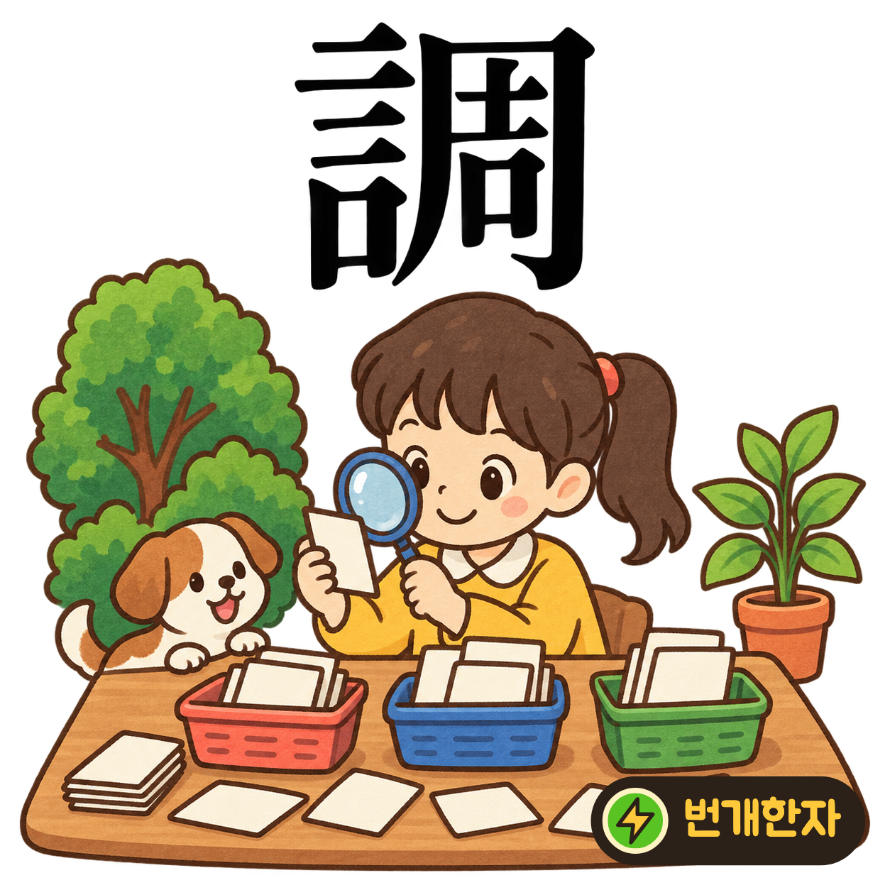 調: 말씀 言 옆에 두루 周가 있어요. 두루 이야기를 듣고 서로의 의견을 고르게 맞춰요. (기억 그림)