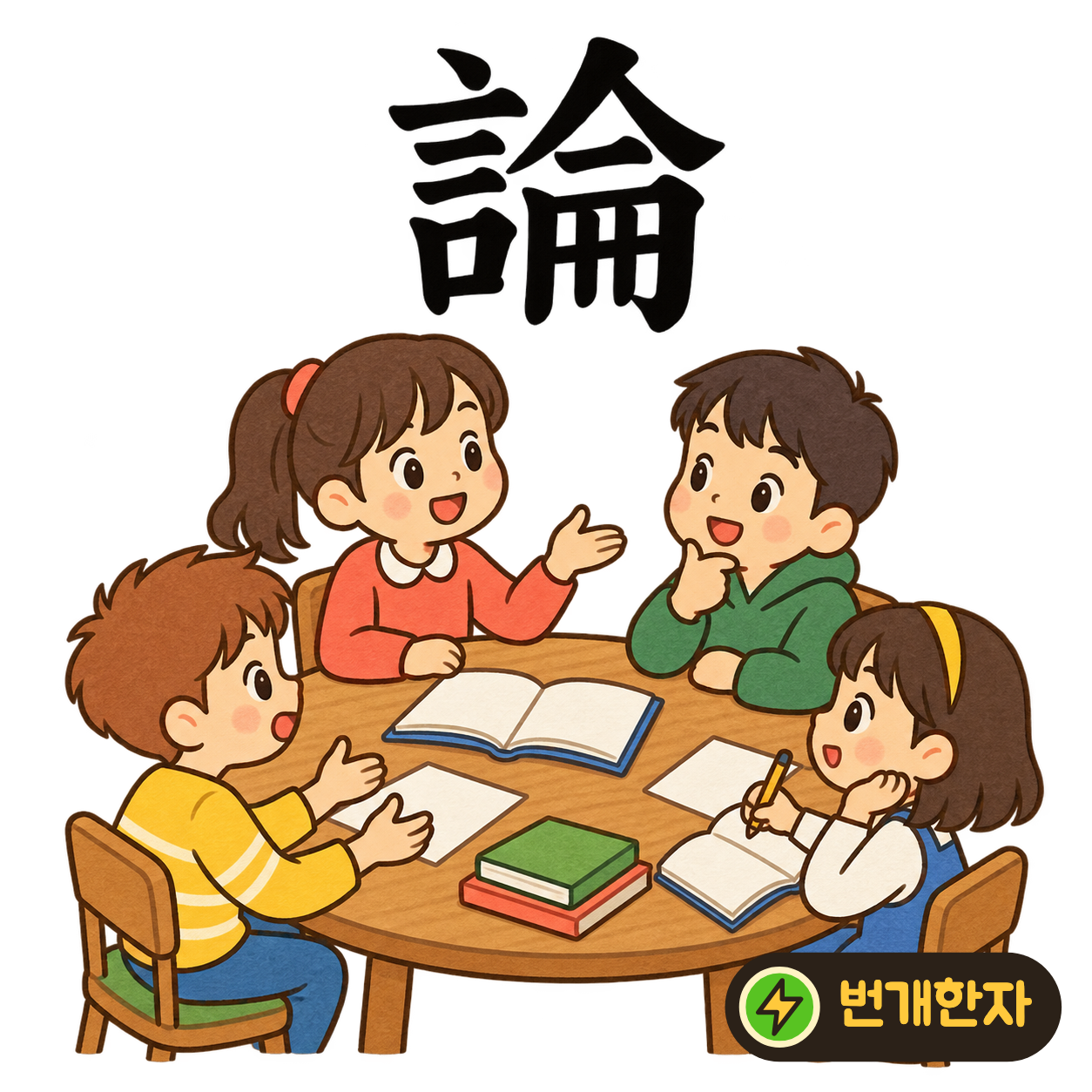 論: 말씀 言 옆의 侖에 책장 같은 획들이 있어요. 자료를 펼쳐 놓고 서로 생각을 논하는 모습이에요. (기억 그림)
